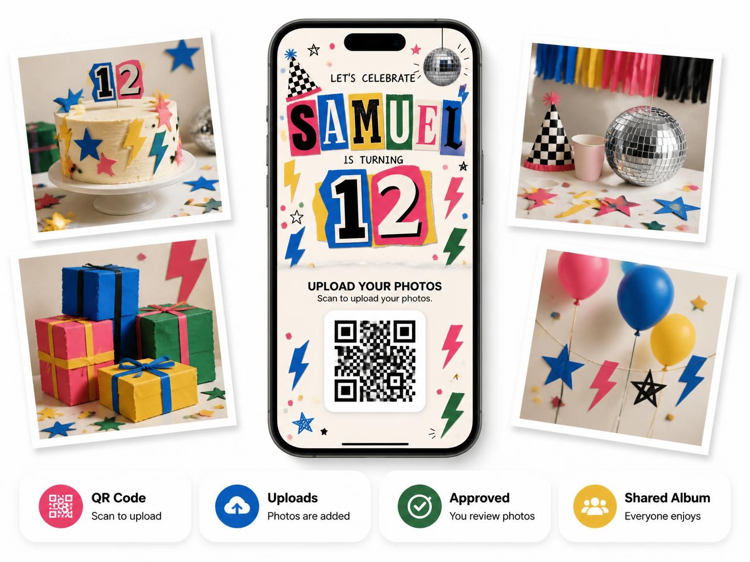 The shared photo gallery that comes with the Retro Paper Collage 12th Birthday Invitation invitation