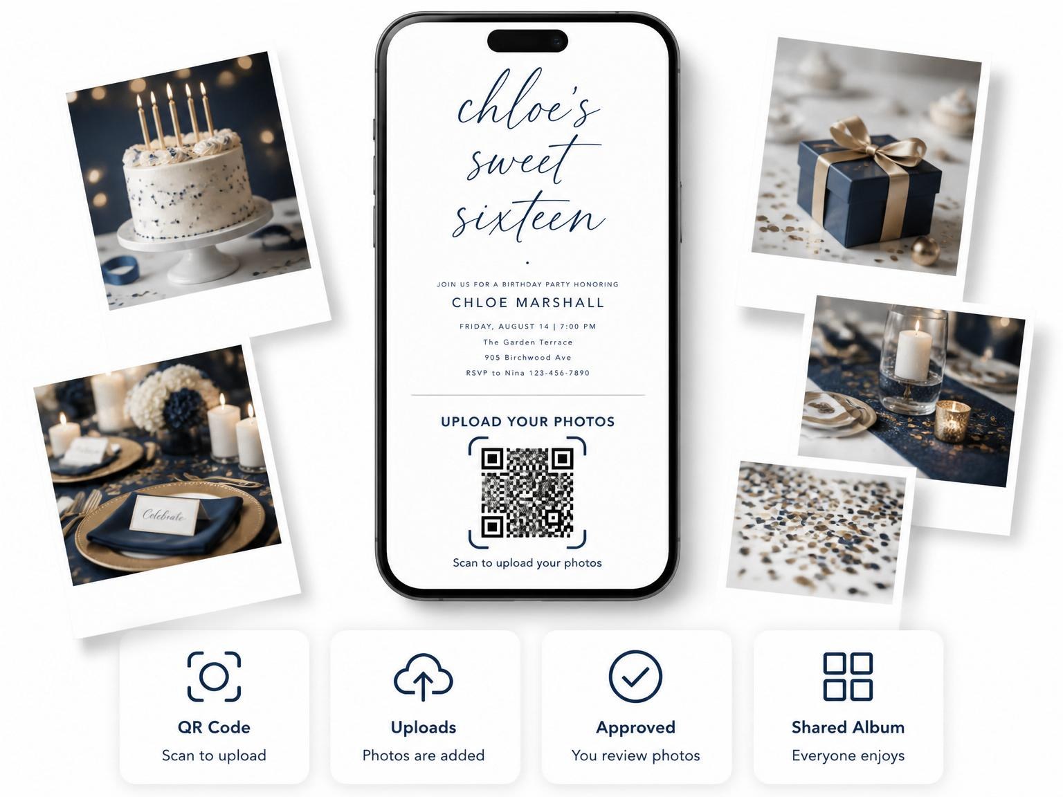 The shared photo gallery that comes with the Navy Script Minimalist 16th Birthday Invitation invitation