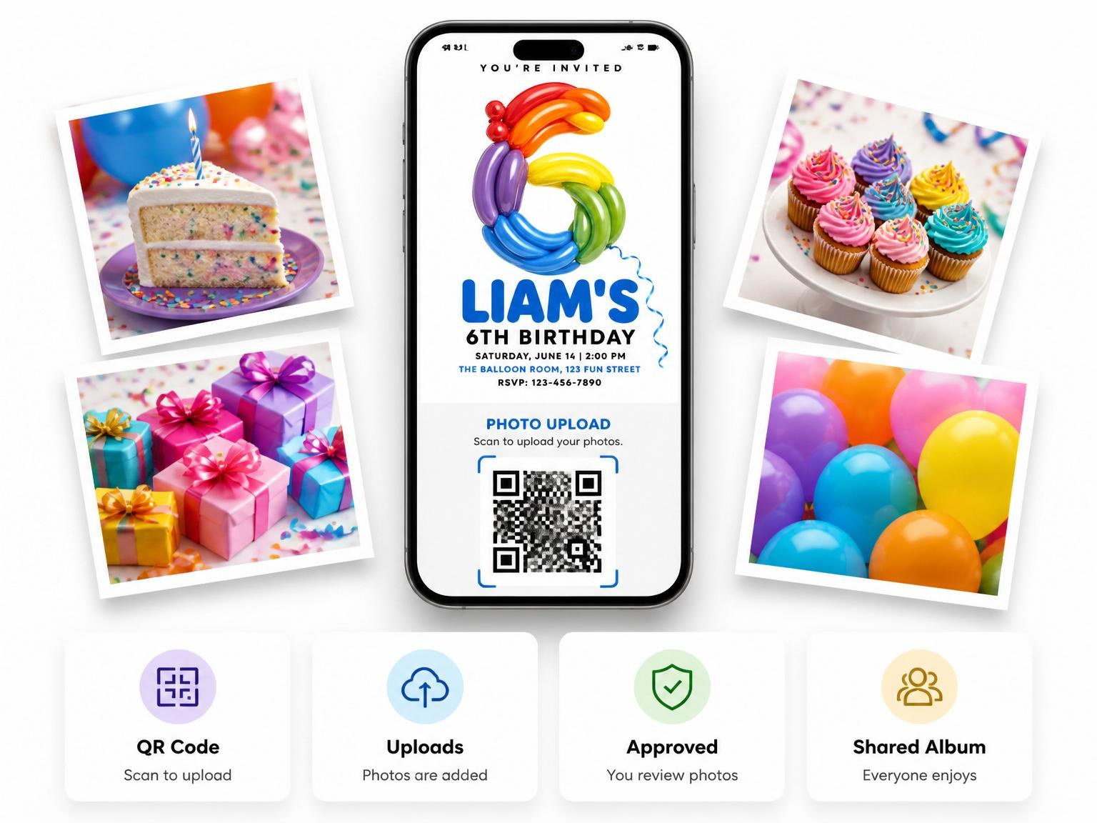 The shared photo gallery that comes with the Rainbow Balloon Animal Number Birthday invitation