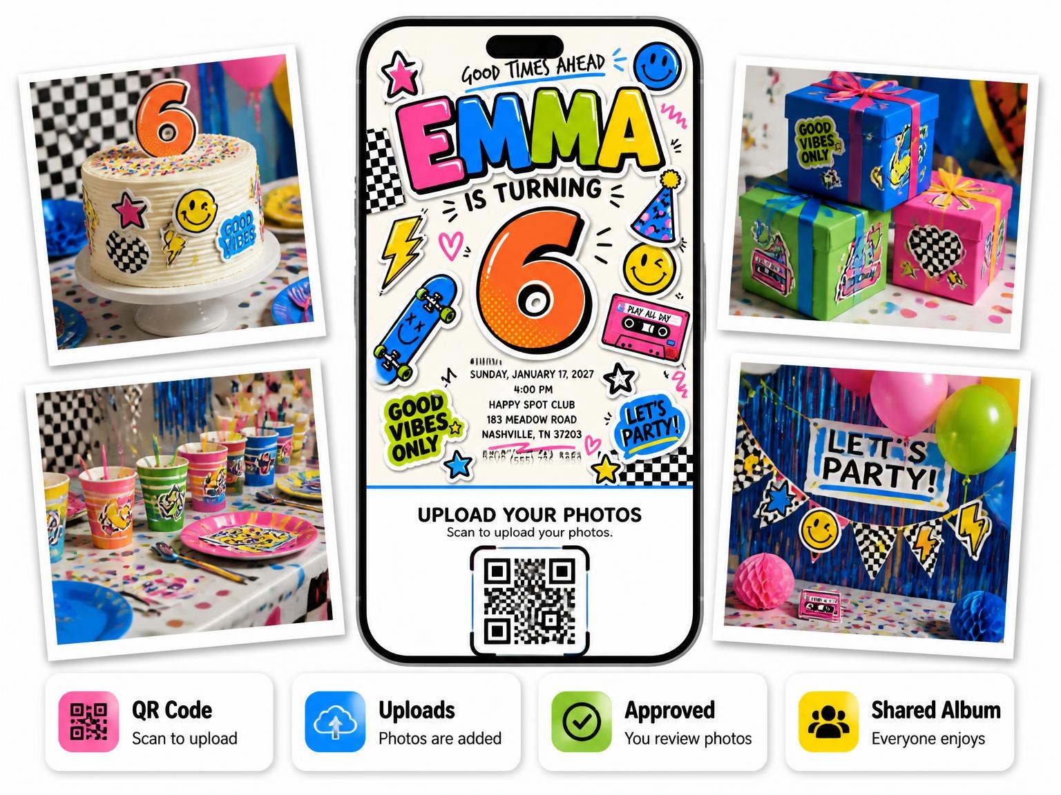 The shared photo gallery that comes with the Sticker Pop 6th Birthday Invitation invitation
