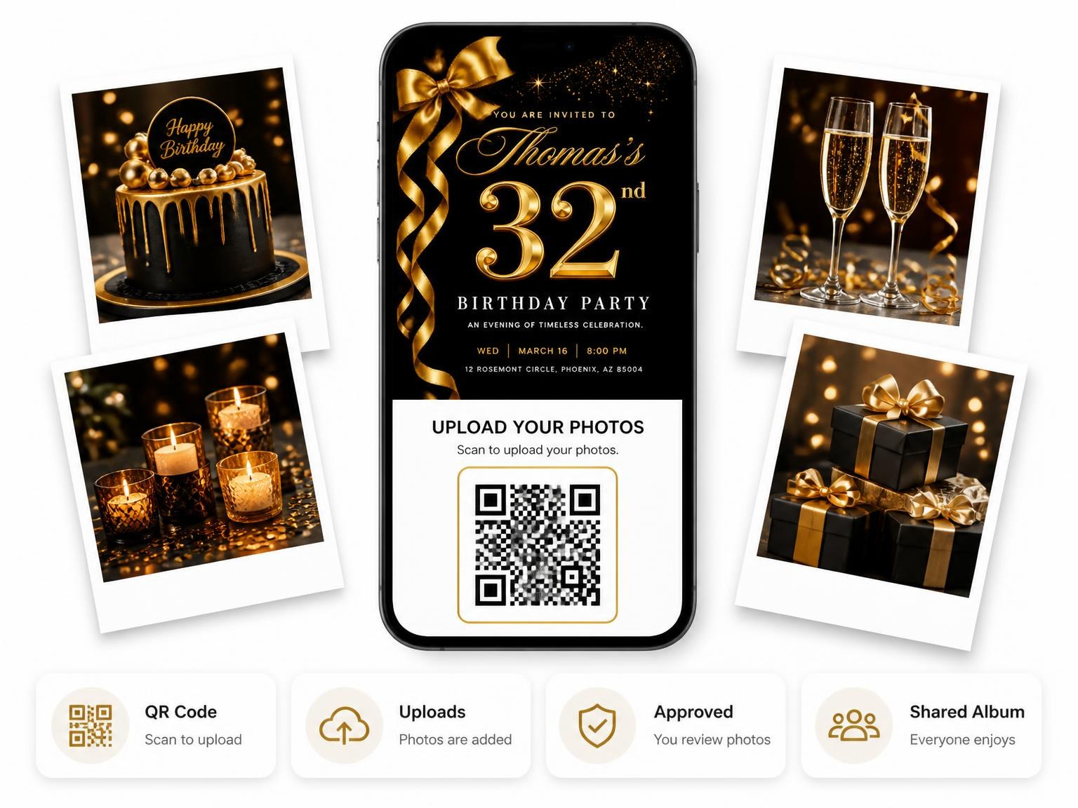 The shared photo gallery that comes with the Black and Gold Ribbon 32nd Birthday invitation