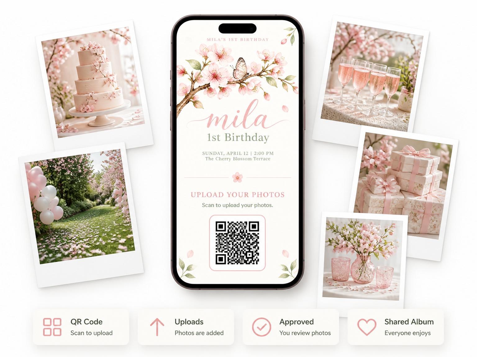 The shared photo gallery that comes with the Watercolor Cherry Blossom Butterfly 1st Birthday invitation
