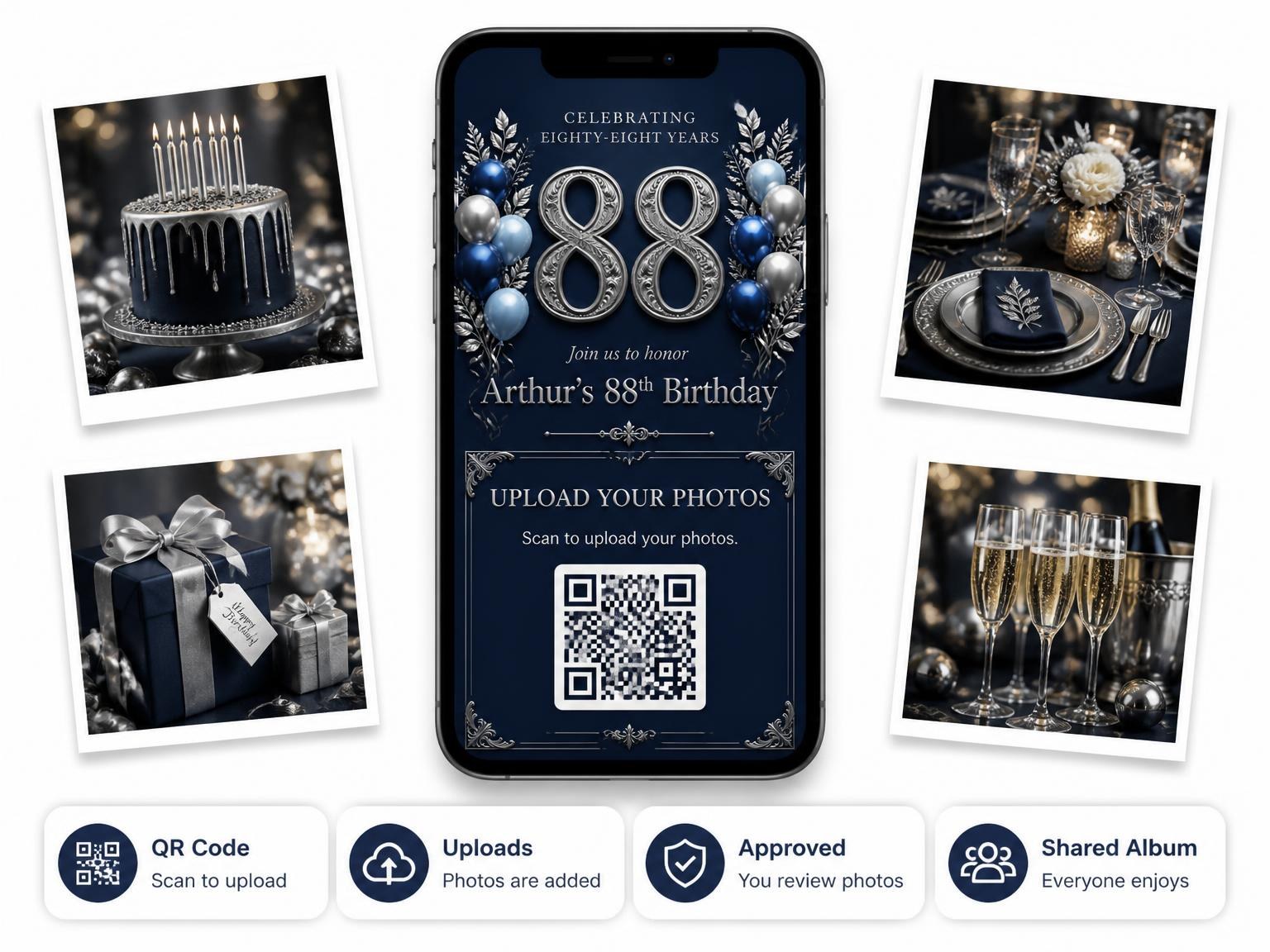 The shared photo gallery that comes with the Navy and Silver 88th Birthday Invitation invitation