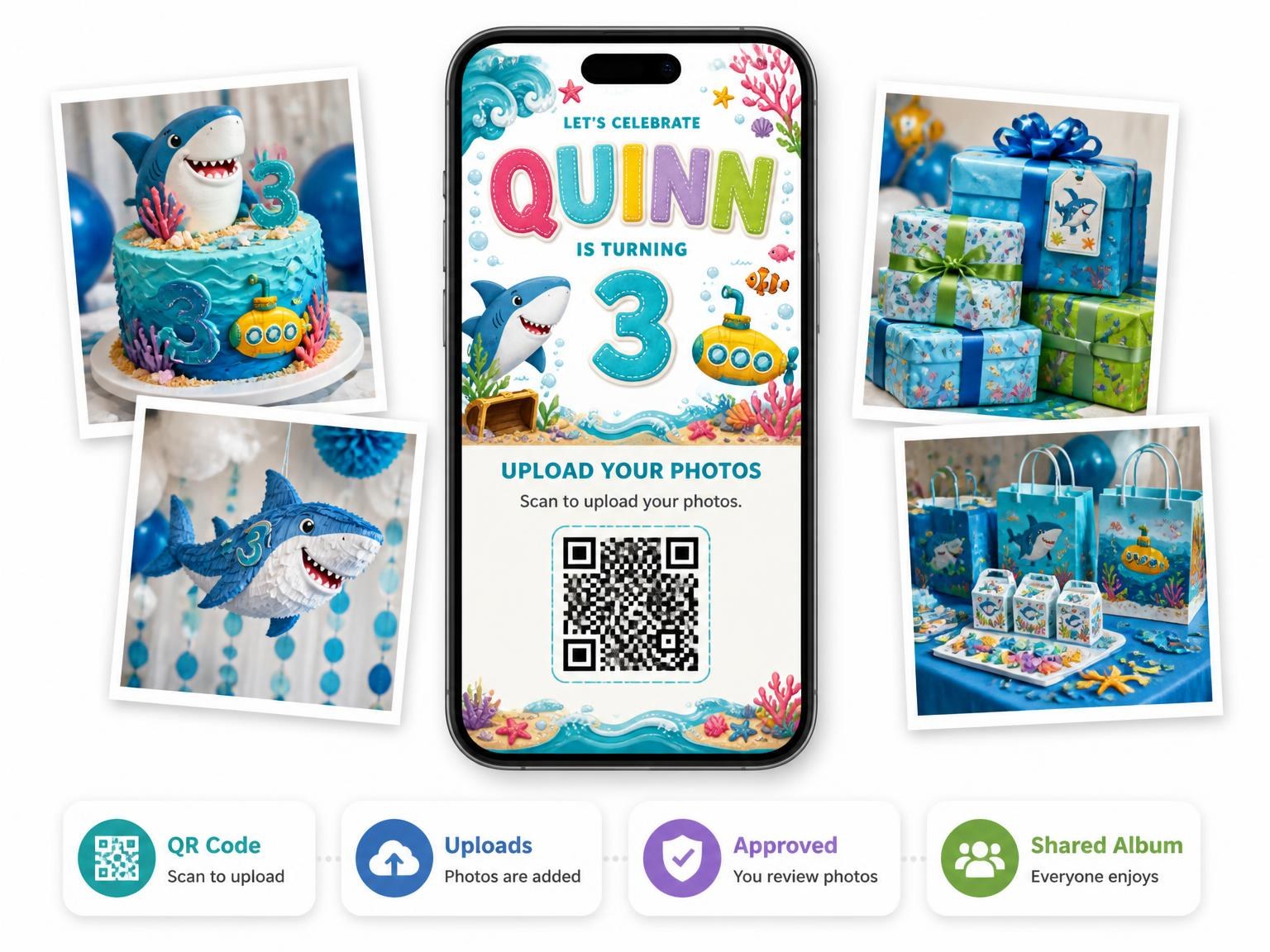 The shared photo gallery that comes with the Stitched Shark 3rd Birthday Invitation invitation