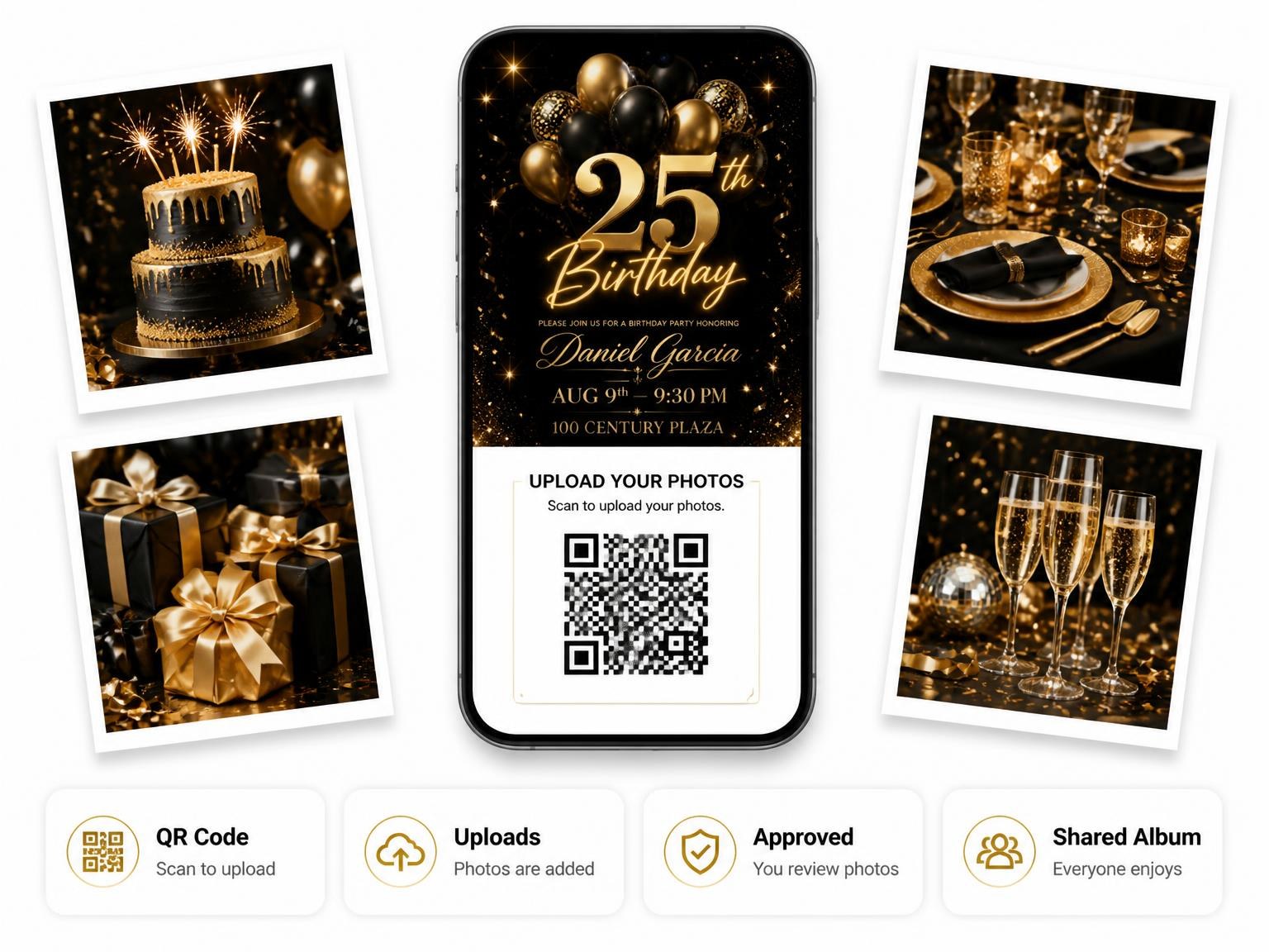 The shared photo gallery that comes with the Black and Gold Balloon 25th Birthday invitation
