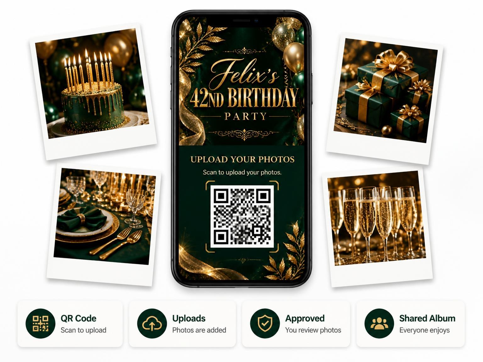 The shared photo gallery that comes with the Emerald and Champagne 42nd Birthday Invitation invitation