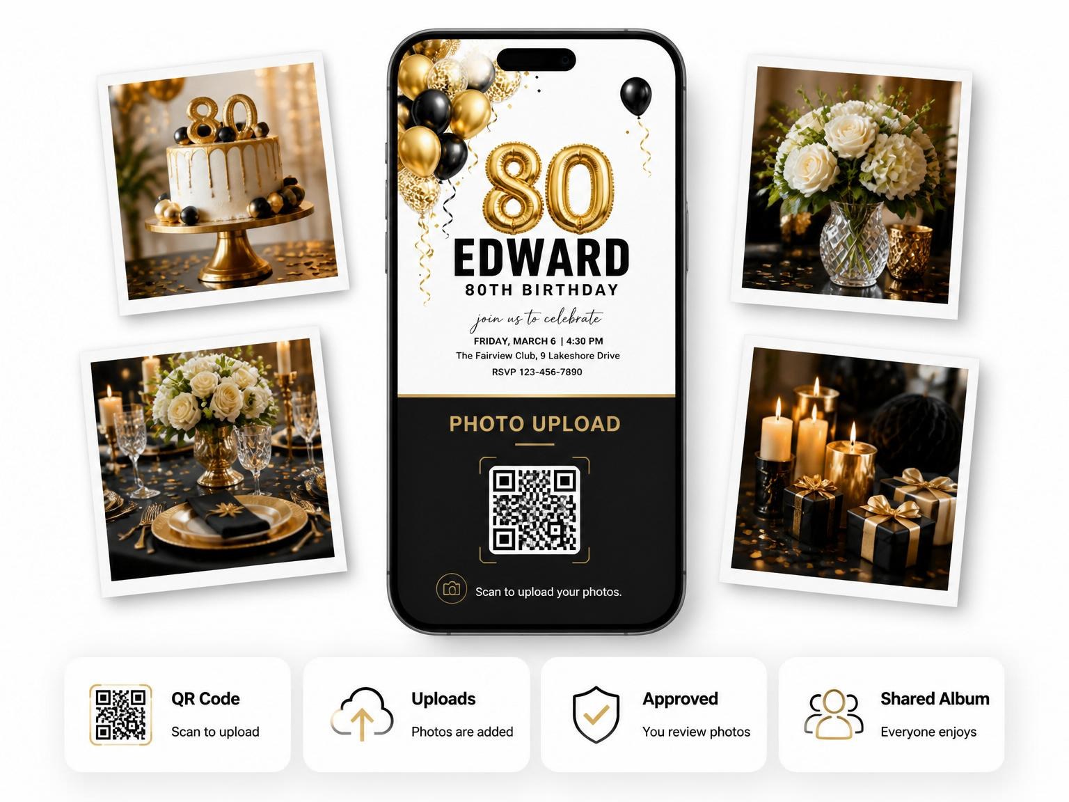 The shared photo gallery that comes with the Gold Balloon 80th Birthday Invitation invitation