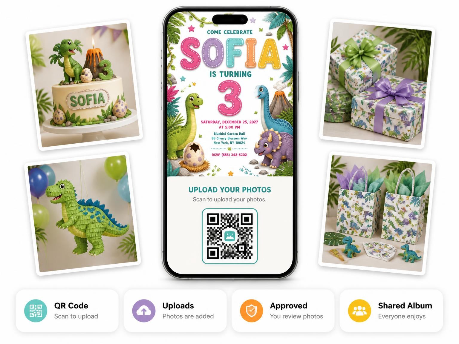 The shared photo gallery that comes with the Stitched Dinosaur 3rd Birthday Invitation invitation