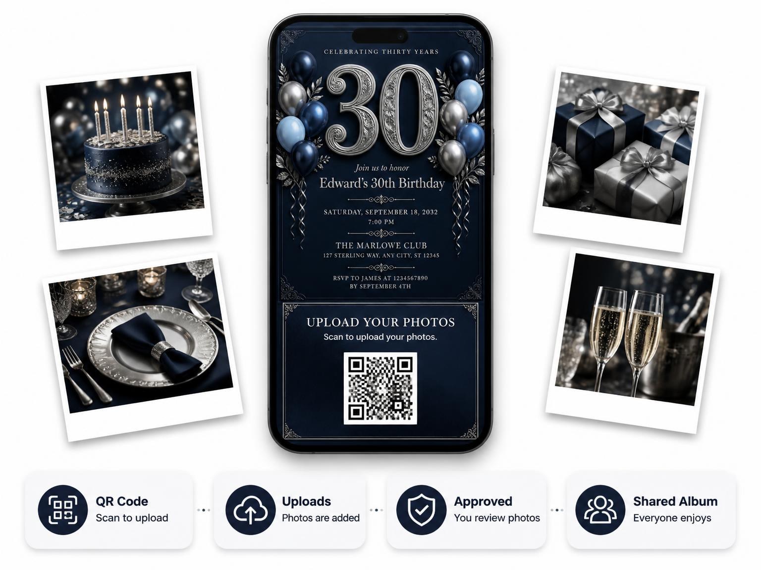 The shared photo gallery that comes with the Navy and Silver 30th Birthday Invitation invitation