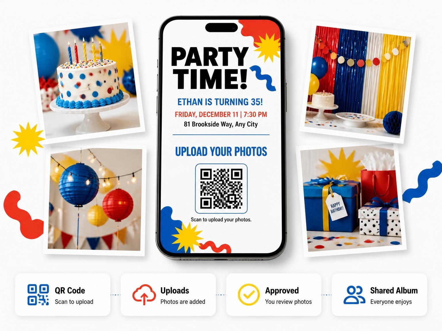 The shared photo gallery that comes with the Primary Memphis Shape Birthday Invitation invitation