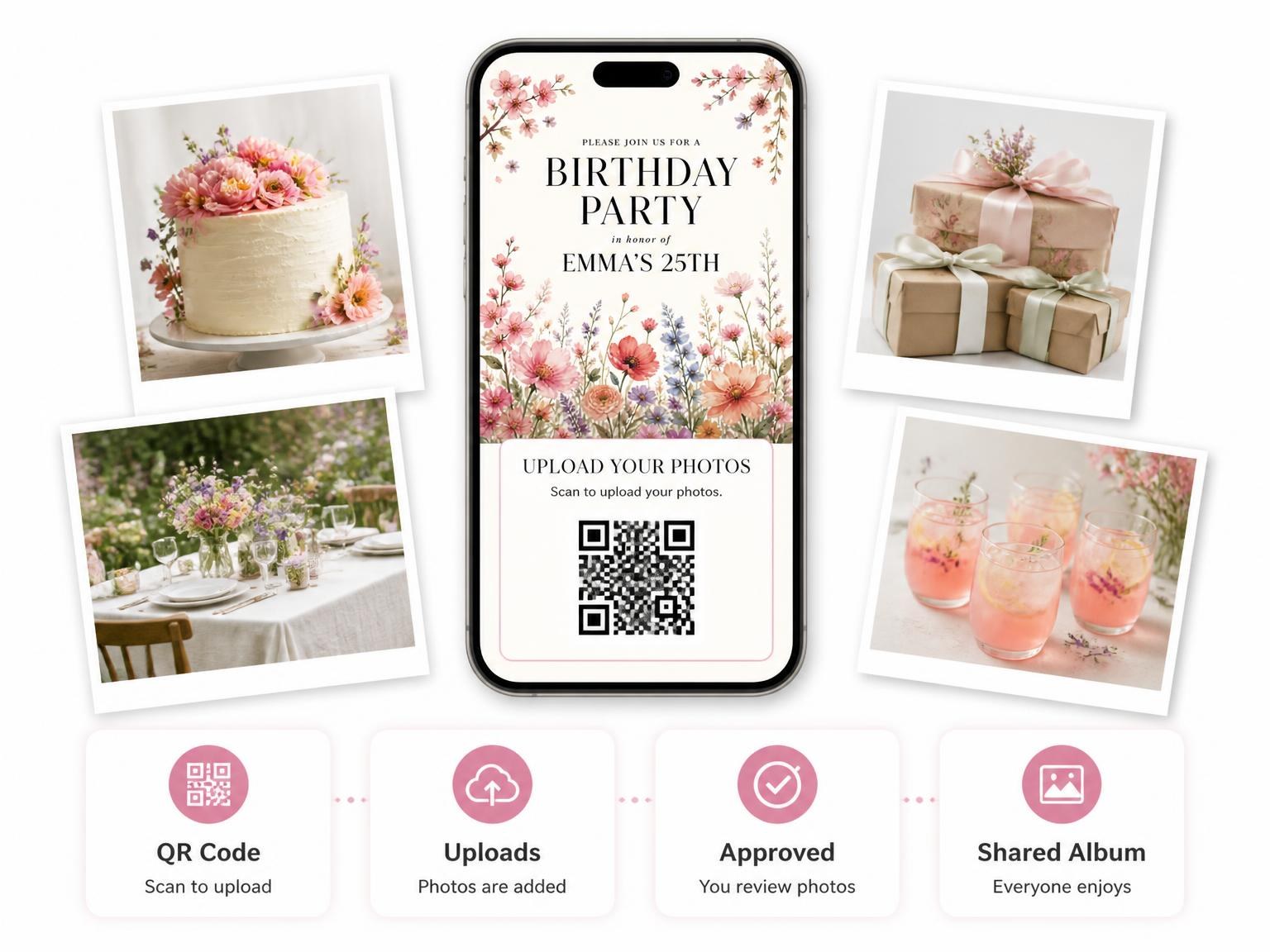 The shared photo gallery that comes with the Pastel Wildflower Meadow 25th Birthday Invitation invitation