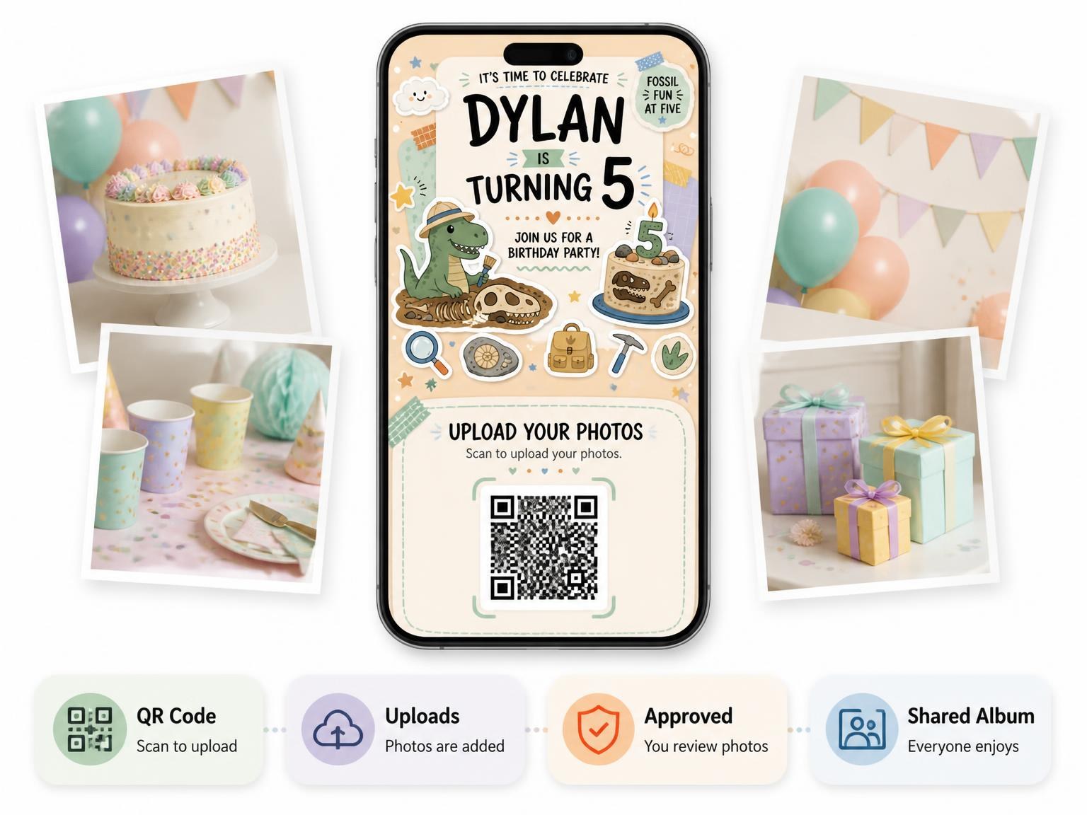 The shared photo gallery that comes with the Pastel Dinosaur 5th Birthday Invitation invitation