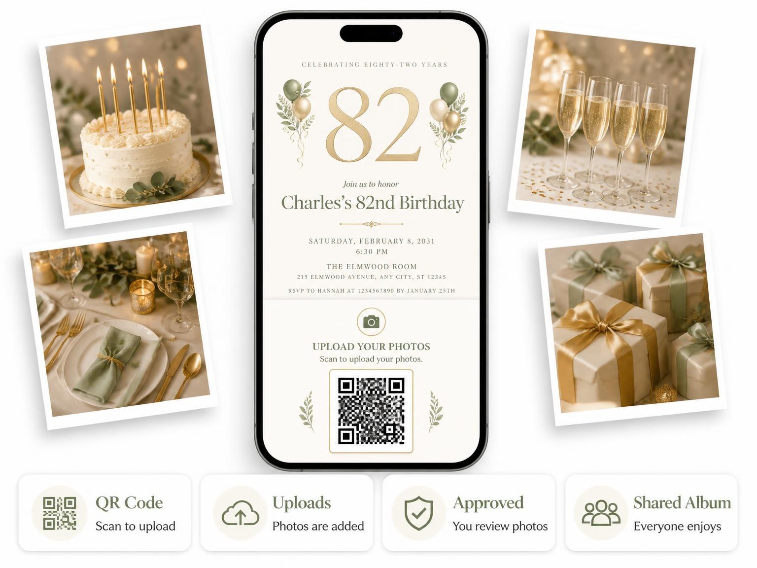 The shared photo gallery that comes with the Sage and Ivory 82nd Birthday Invitation invitation