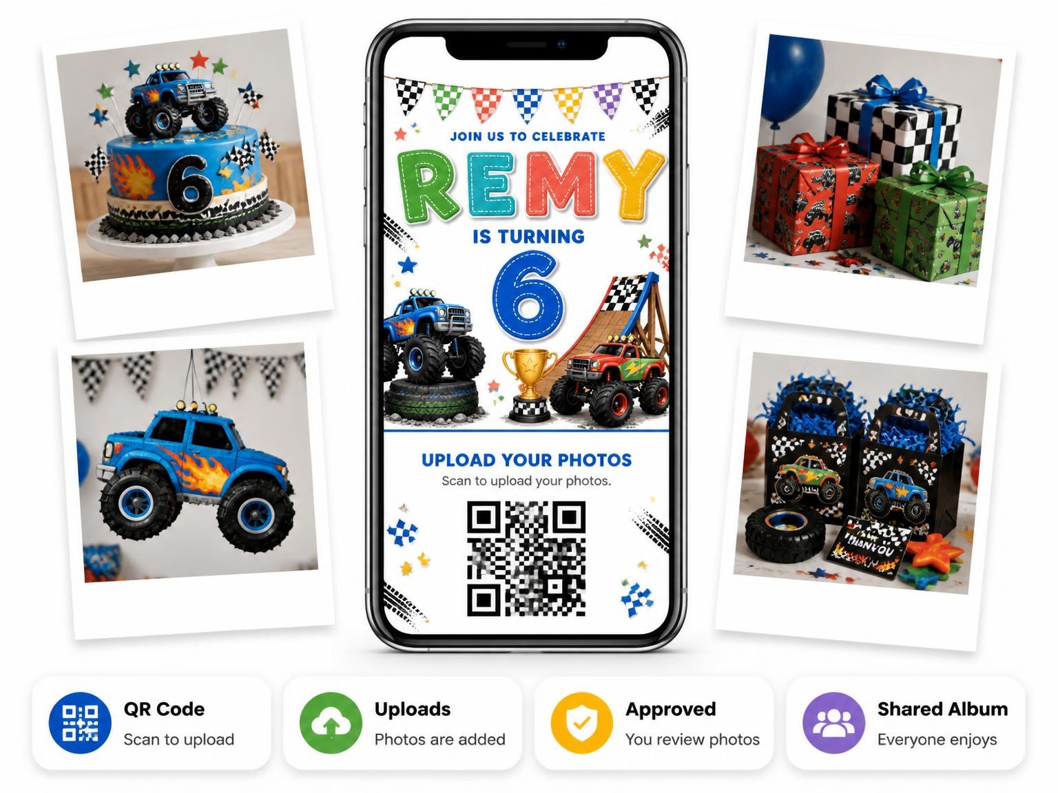 The shared photo gallery that comes with the Stitched Monster Truck 6th Birthday Invitation invitation
