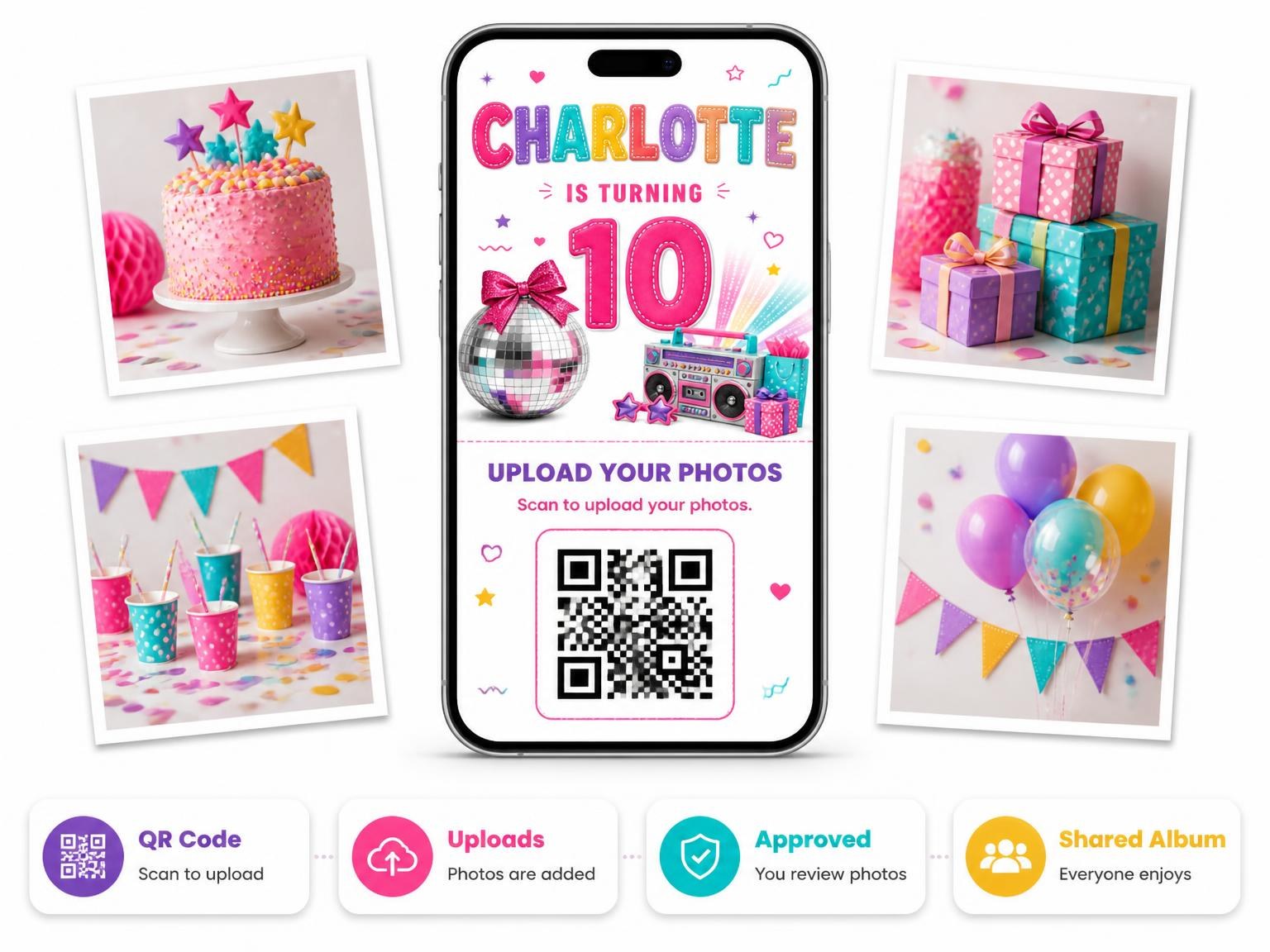The shared photo gallery that comes with the Ghetto Blaster 10th Birthday Invitation invitation