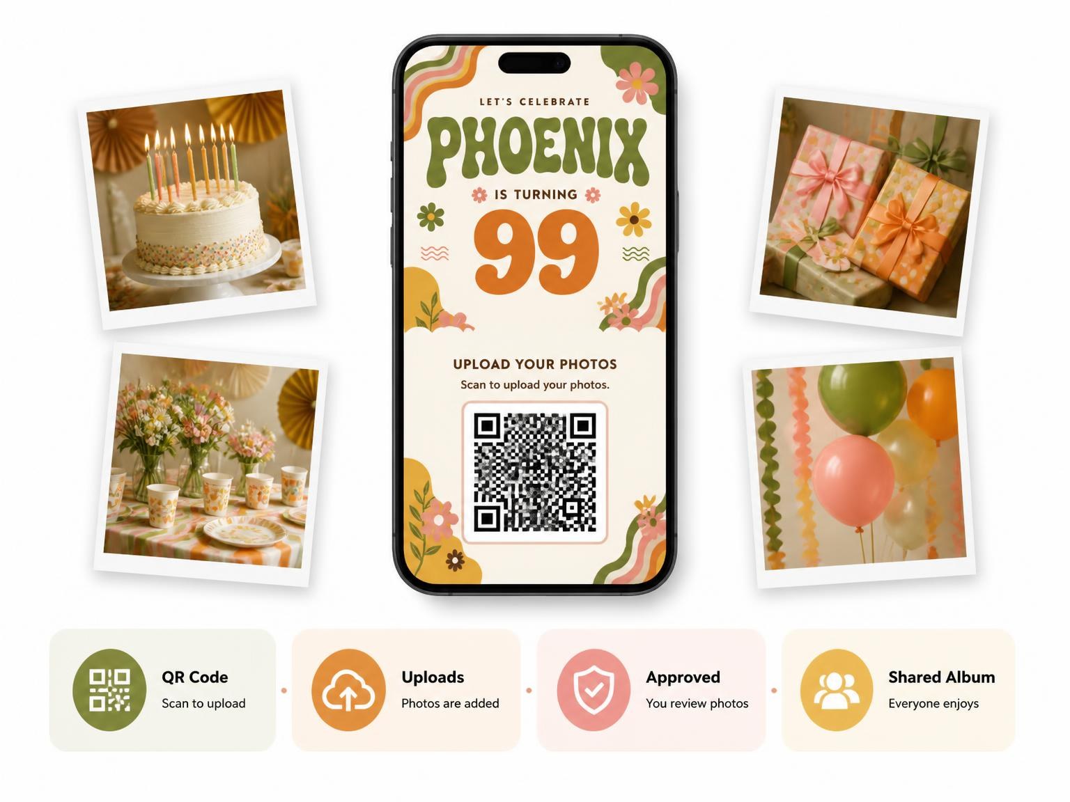 The shared photo gallery that comes with the Groovy Retro 99th Birthday Invitation invitation