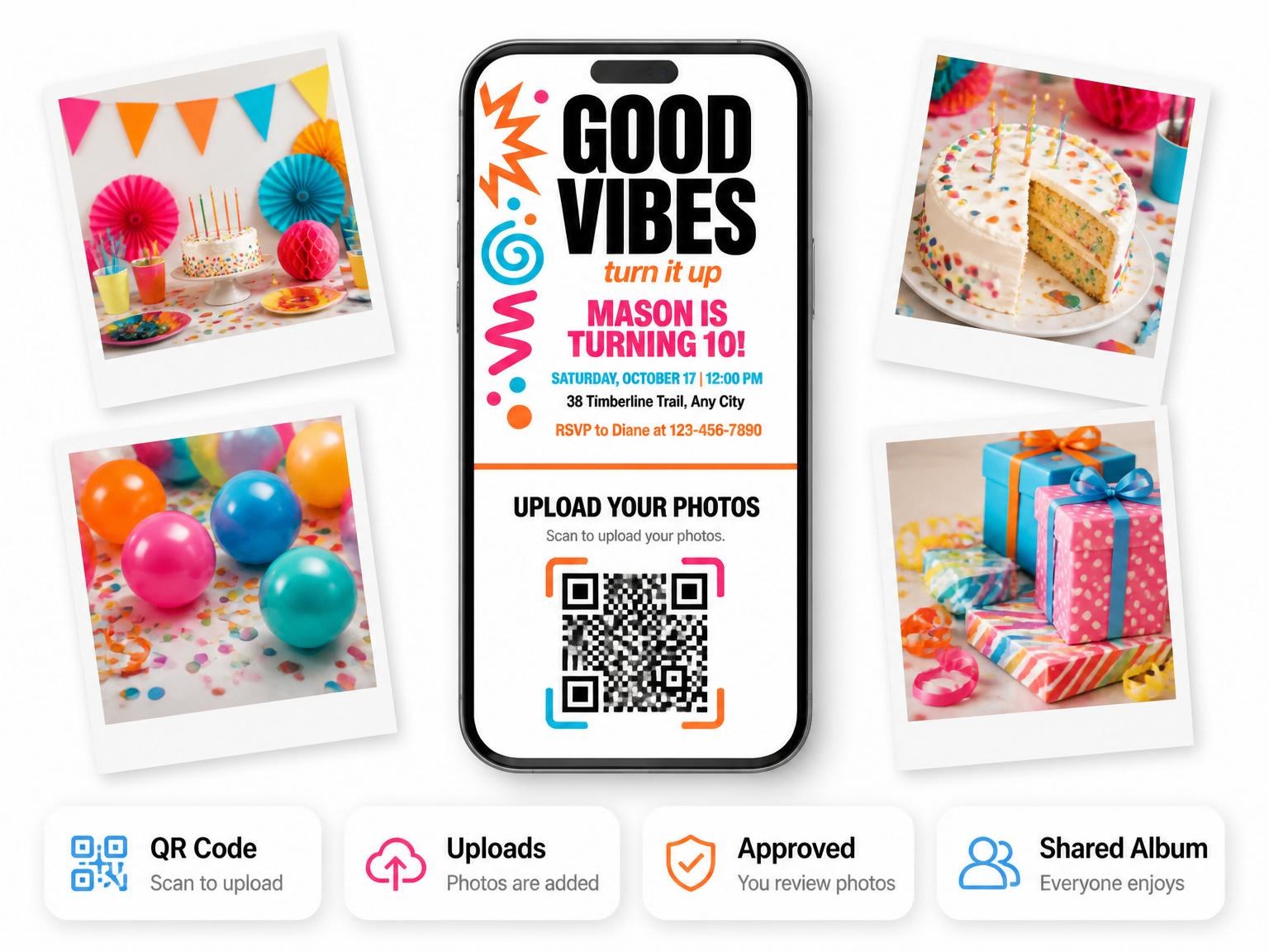 The shared photo gallery that comes with the Neon Geometric 10th Birthday Invitation invitation