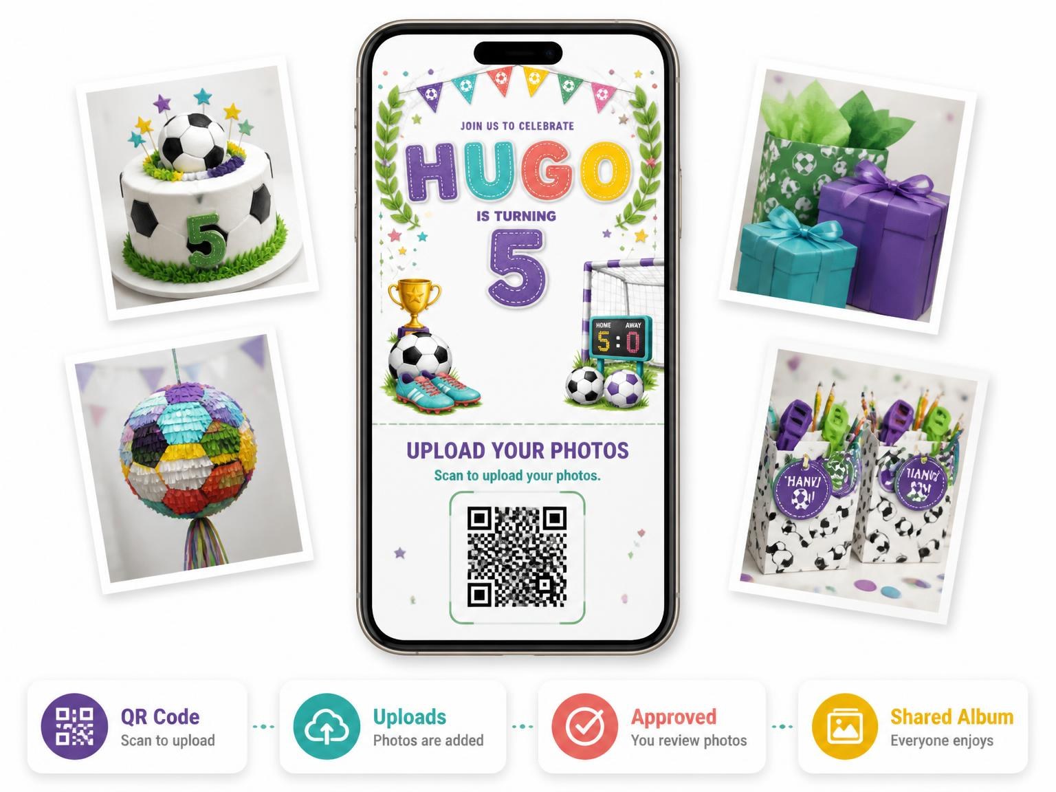The shared photo gallery that comes with the Stitched Soccer 5th Birthday Invitation invitation