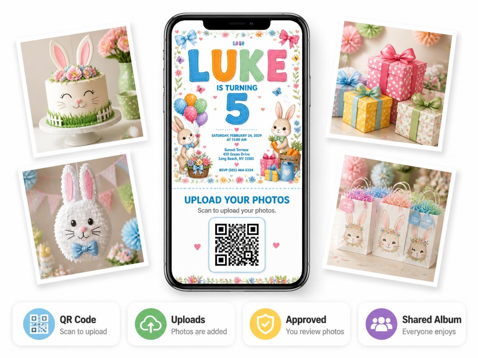The shared photo gallery that comes with the Stitched Bunny Garden 5th Birthday Invitation invitation