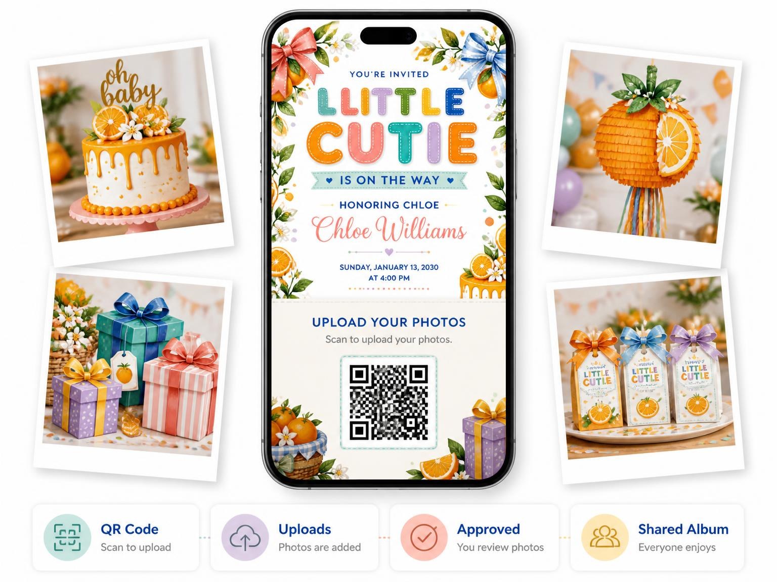 The shared photo gallery that comes with the Garland Bows Baby Shower Invitation invitation