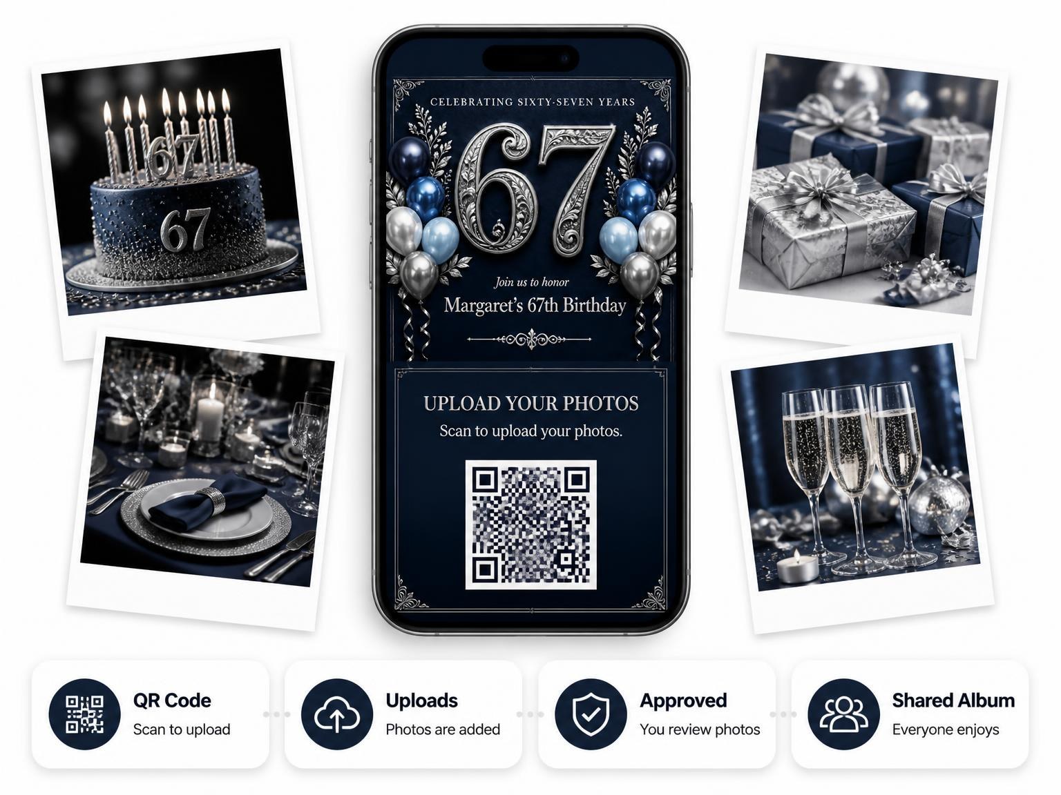 The shared photo gallery that comes with the Navy and Silver 67th Birthday Invitation invitation