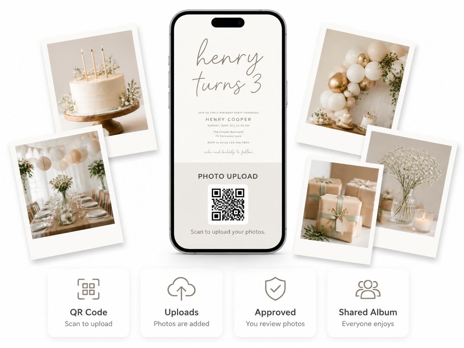 The shared photo gallery that comes with the Taupe Calligraphy Minimalist 3rd Birthday Invitation invitation