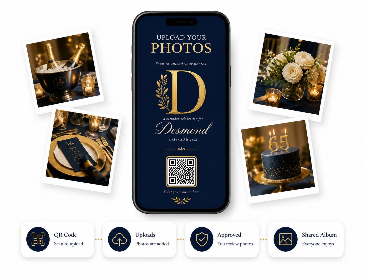 The shared photo gallery that comes with the Navy and Gold Monogram 65th Birthday invitation