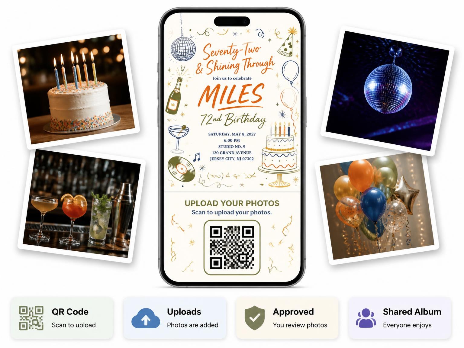 The shared photo gallery that comes with the Retro Doodle 72nd Birthday Invitation invitation