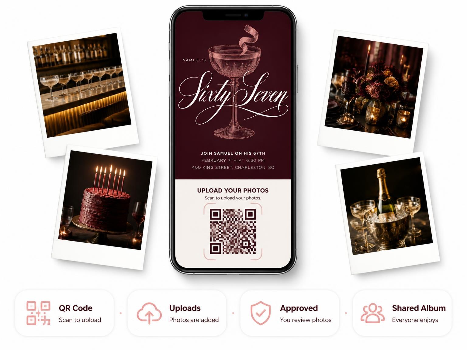 The shared photo gallery that comes with the Burgundy Cocktail 67th Birthday Invitation invitation