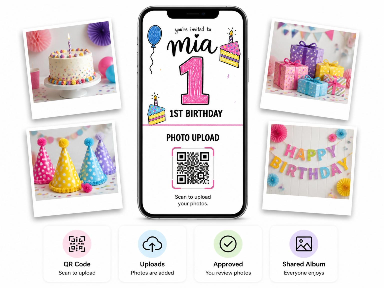 The shared photo gallery that comes with the Crayon Illustration 1st Birthday Invitation invitation