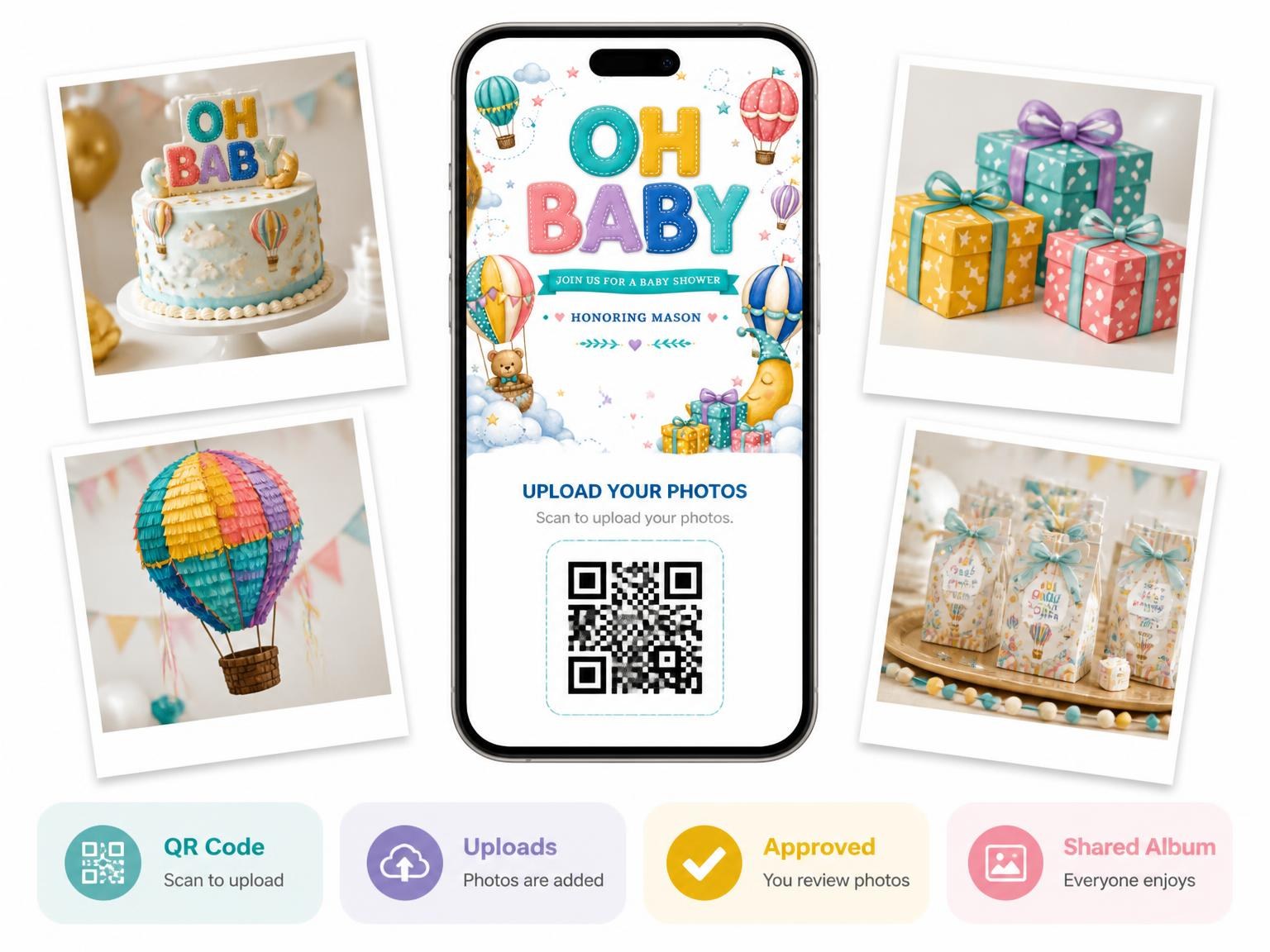 The shared photo gallery that comes with the Hot Air Balloon Baby Shower Invitation invitation