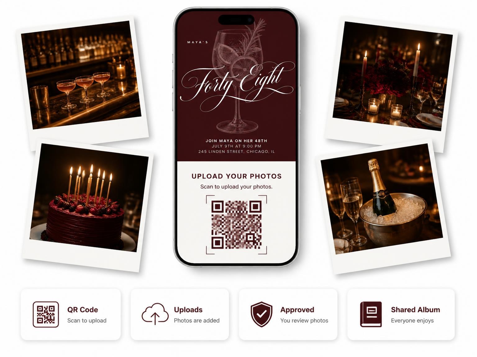 The shared photo gallery that comes with the Burgundy Cocktail 48th Birthday Invitation invitation