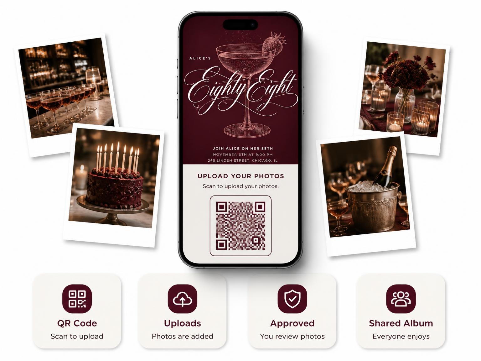 The shared photo gallery that comes with the Burgundy Cocktail 88th Birthday Invitation invitation