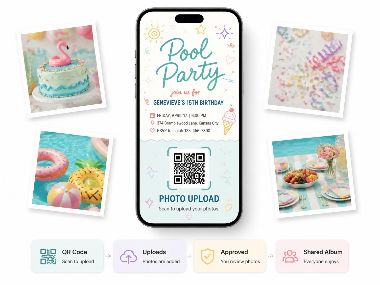The shared photo gallery that comes with the Pastel Doodle Scalloped Pool 15th Birthday invitation