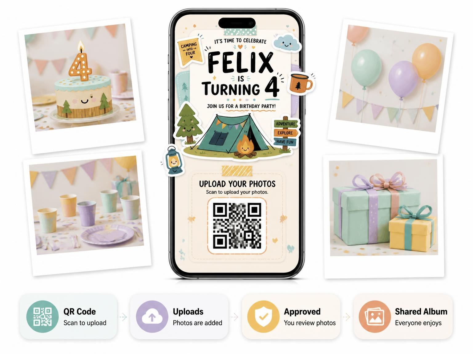 The shared photo gallery that comes with the Camping Pastel 4th Birthday Invitation invitation