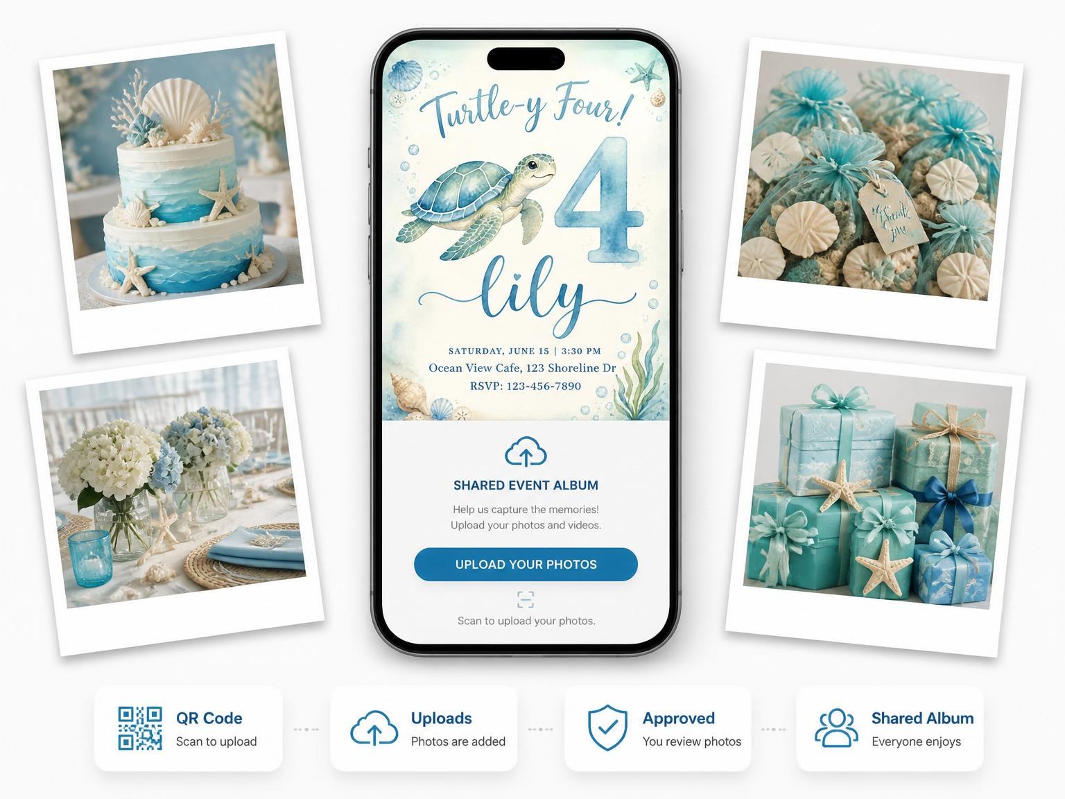 The shared photo gallery that comes with the Watercolor Sea Turtle 4th Birthday invitation