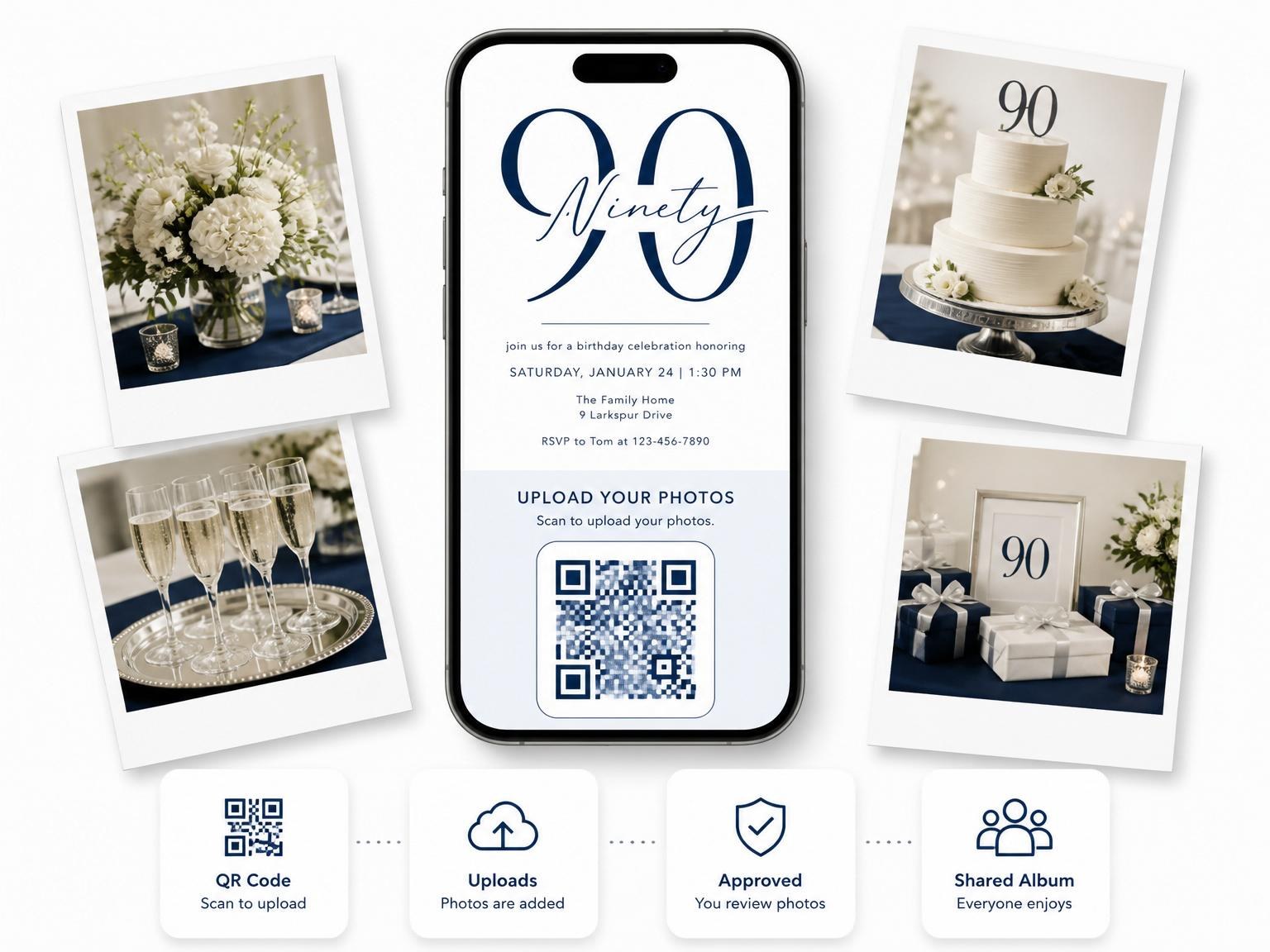 The shared photo gallery that comes with the Navy Script Milestone Birthday Invitation invitation