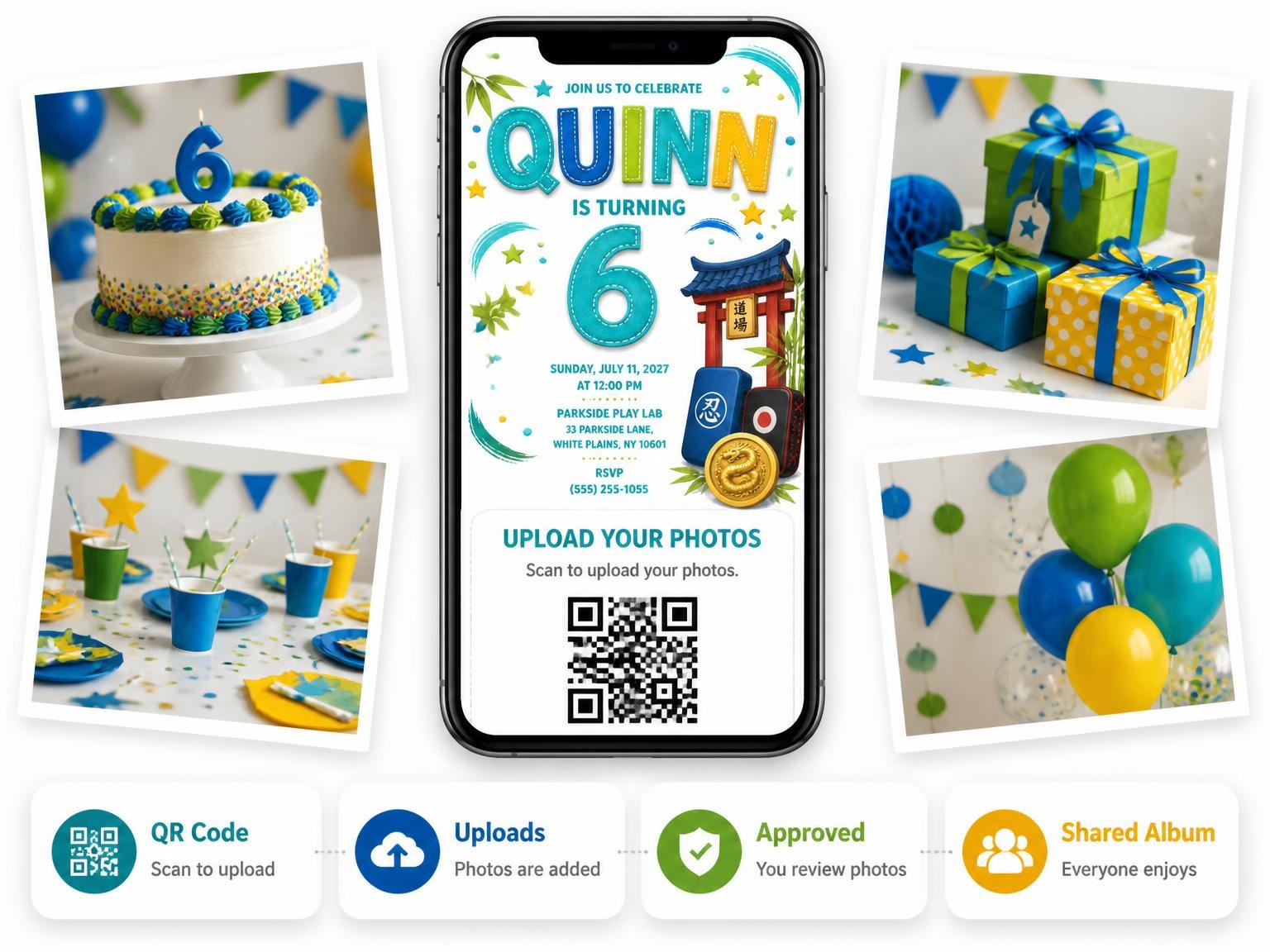 The shared photo gallery that comes with the Ninja Stitched 6th Birthday Invitation invitation