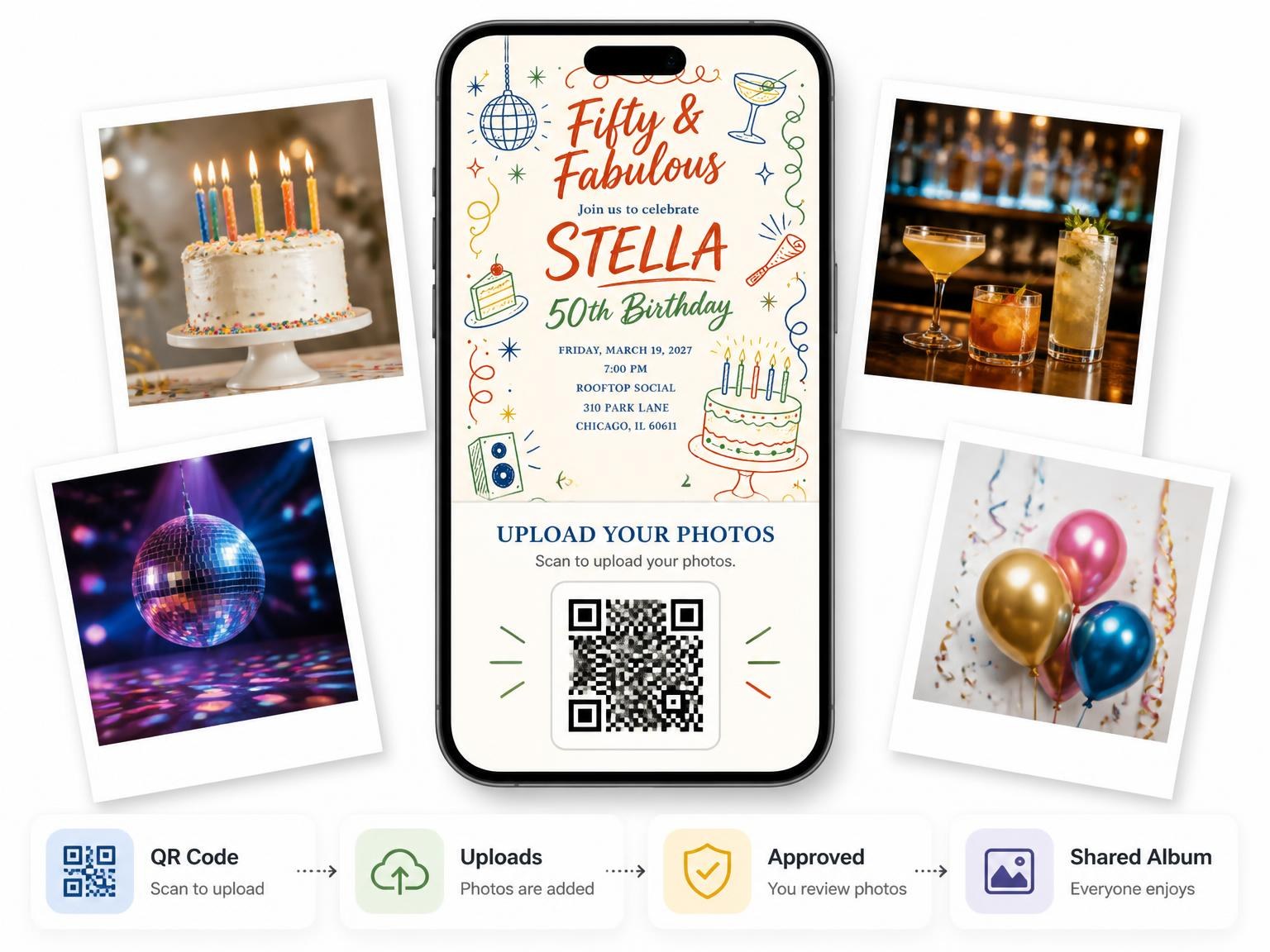 The shared photo gallery that comes with the Retro Doodle 50th Birthday Invitation invitation