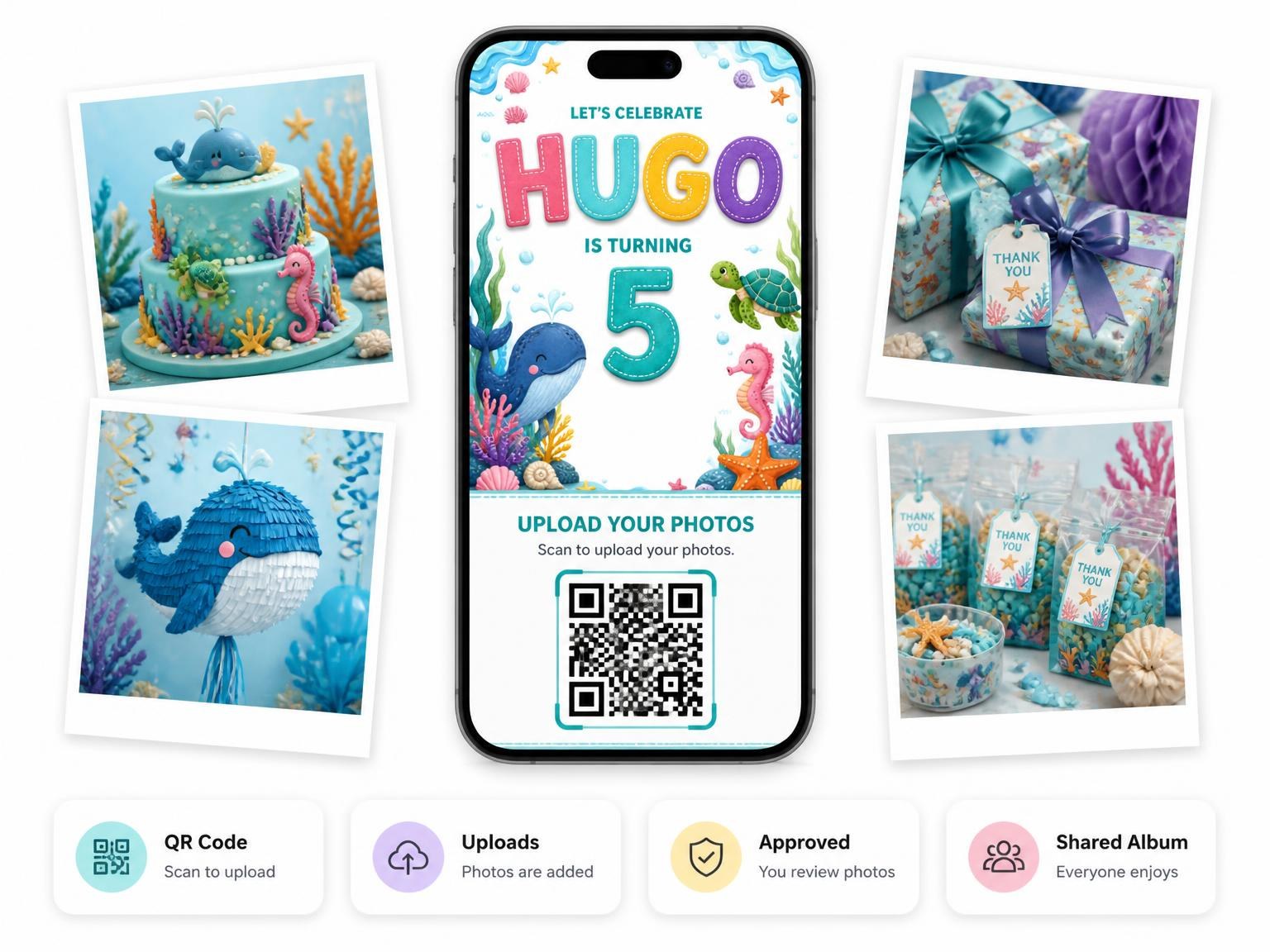 The shared photo gallery that comes with the Stitched Under the Sea 5th Birthday Invitation invitation