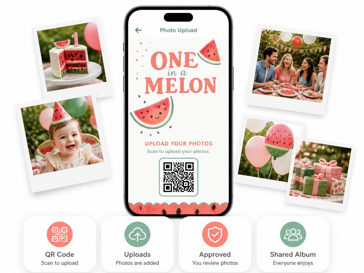 The shared photo gallery that comes with the One in a Melon First Birthday invitation