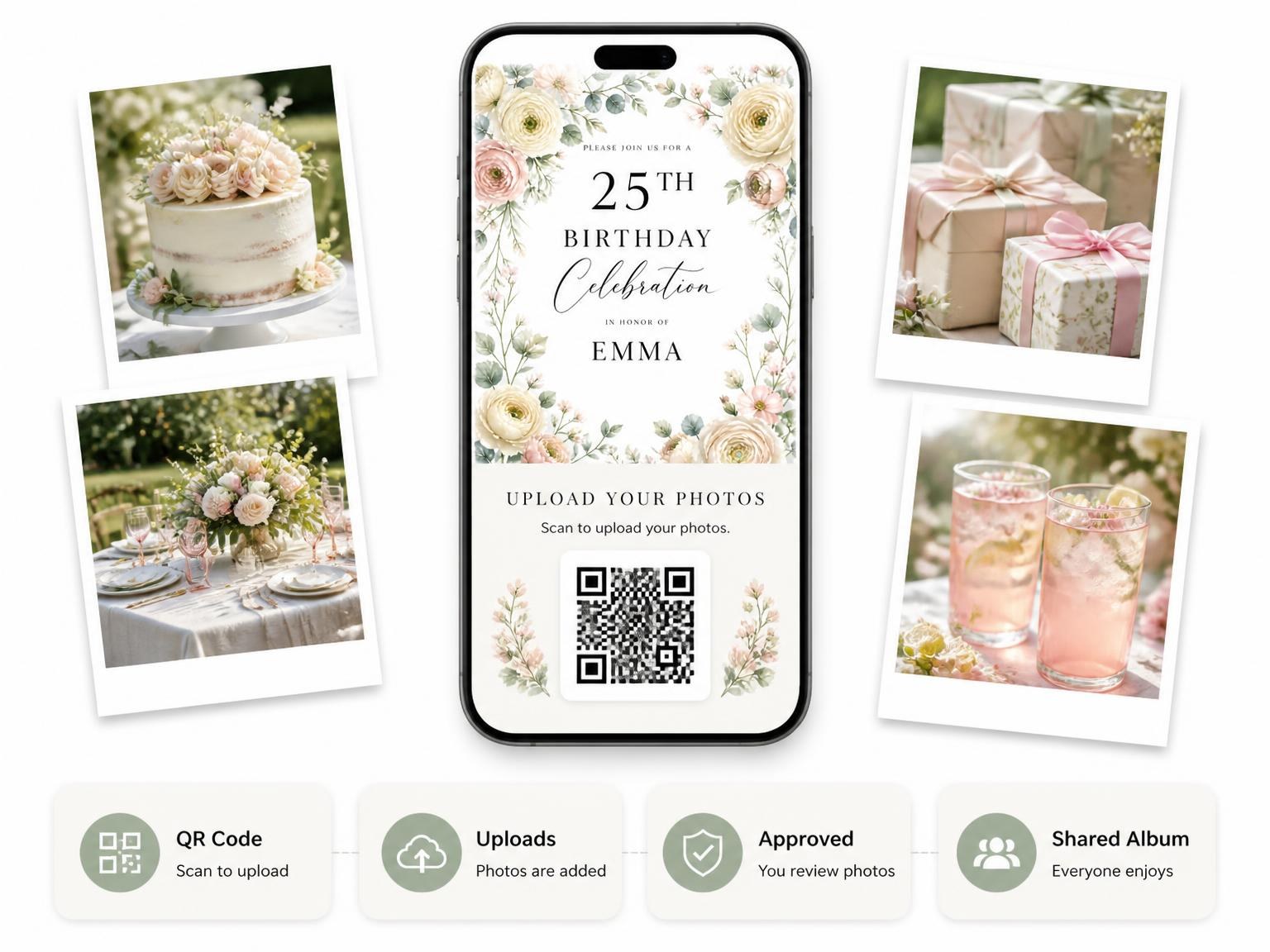 The shared photo gallery that comes with the Floral Garden Ivory 25th Birthday Invitation invitation