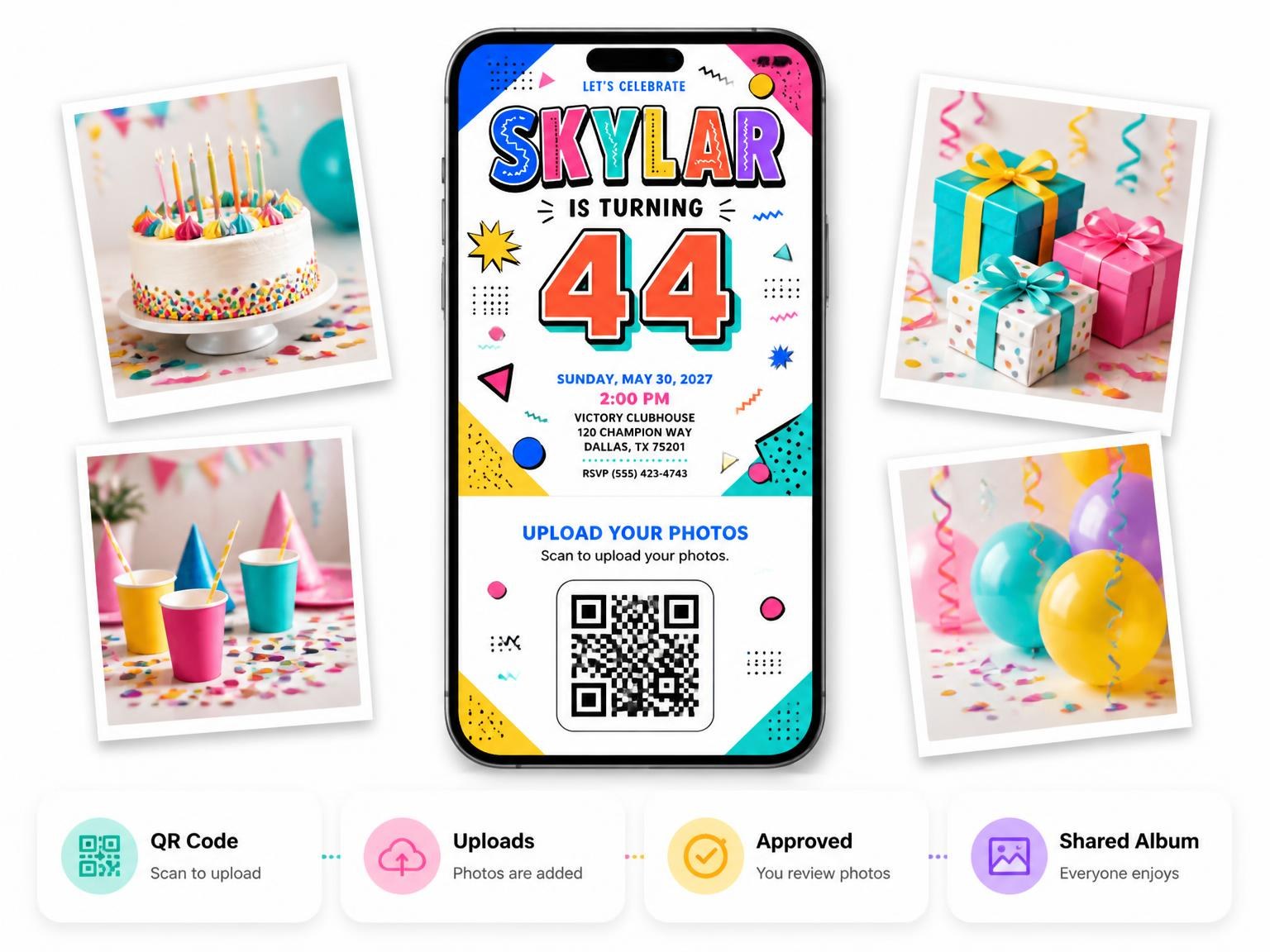 The shared photo gallery that comes with the Memphis Pop 44th Birthday Invitation invitation