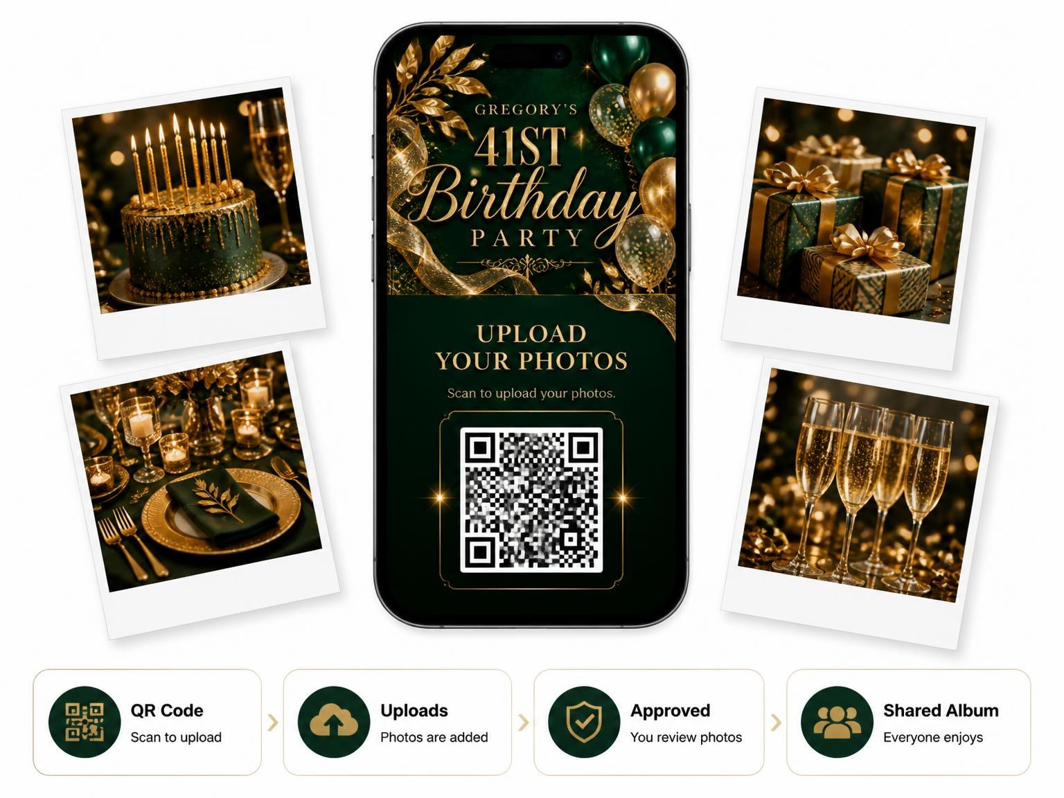The shared photo gallery that comes with the Emerald and Champagne 41st Birthday Invitation invitation