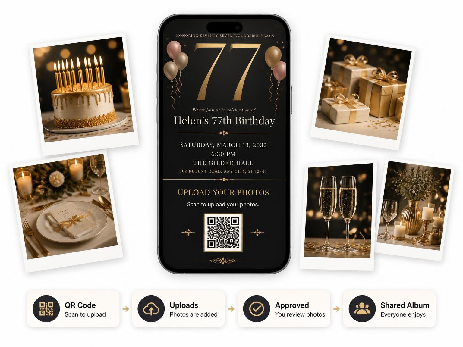 The shared photo gallery that comes with the Charcoal and Blush 77th Birthday Invitation invitation