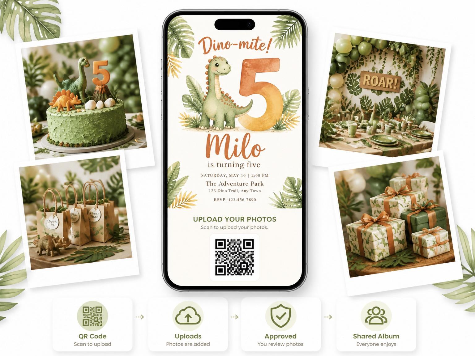 The shared photo gallery that comes with the Watercolor Dinosaur Jungle 5th Birthday invitation