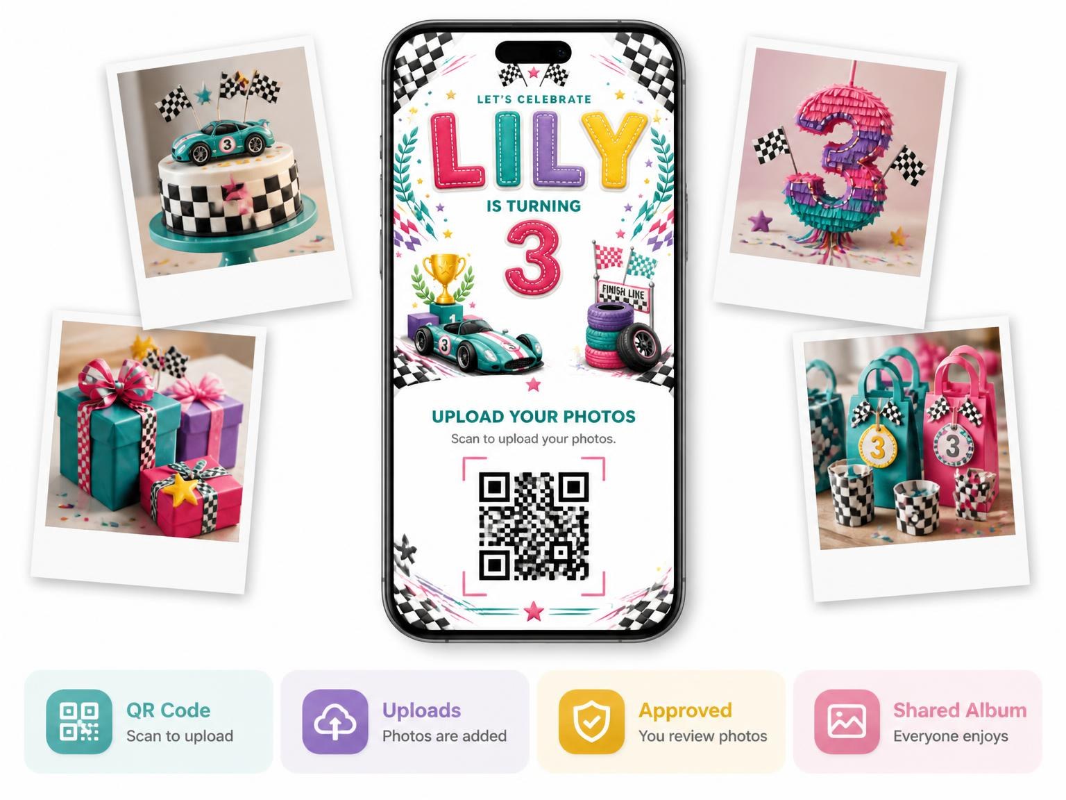 The shared photo gallery that comes with the Stitched Race Car 3rd Birthday Invitation invitation