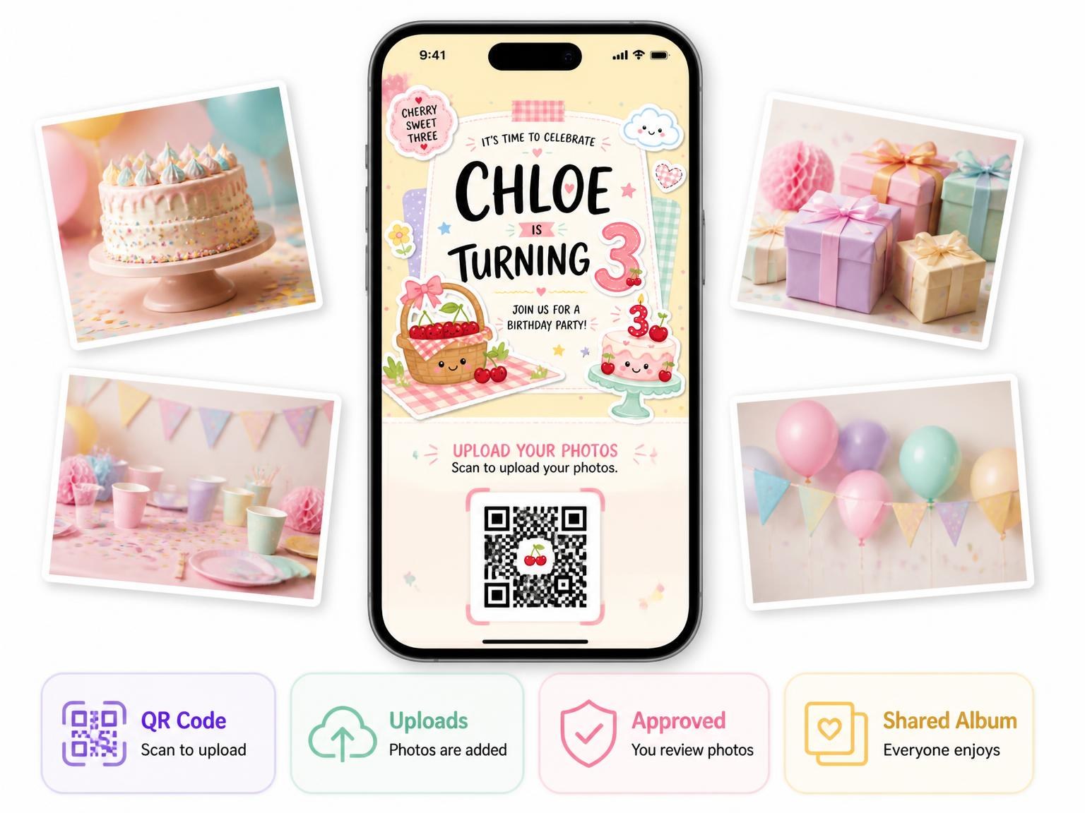 The shared photo gallery that comes with the Cherry Basket Pastel 3rd Birthday Invitation invitation