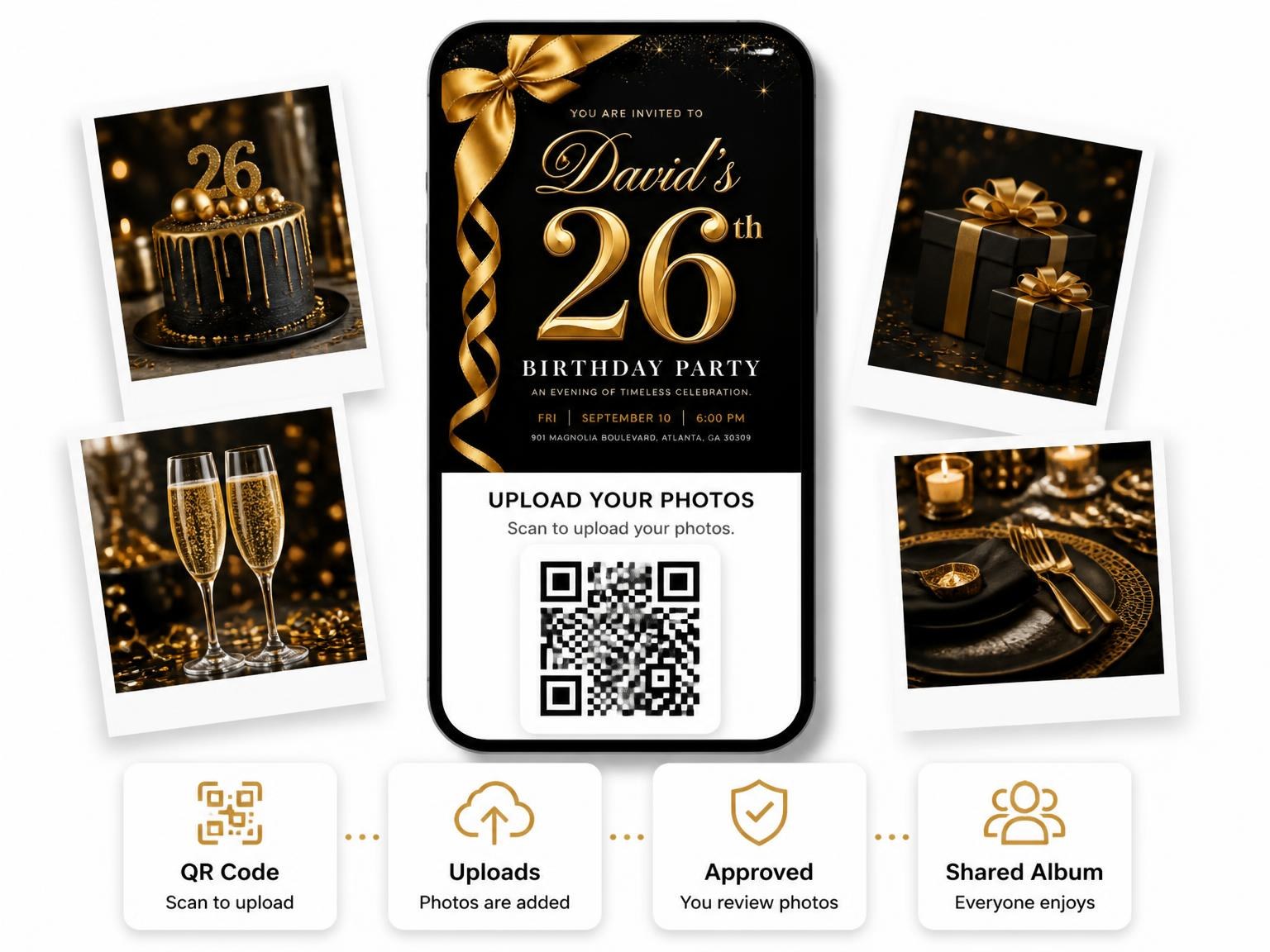 The shared photo gallery that comes with the Black and Gold Ribbon 26th Birthday invitation