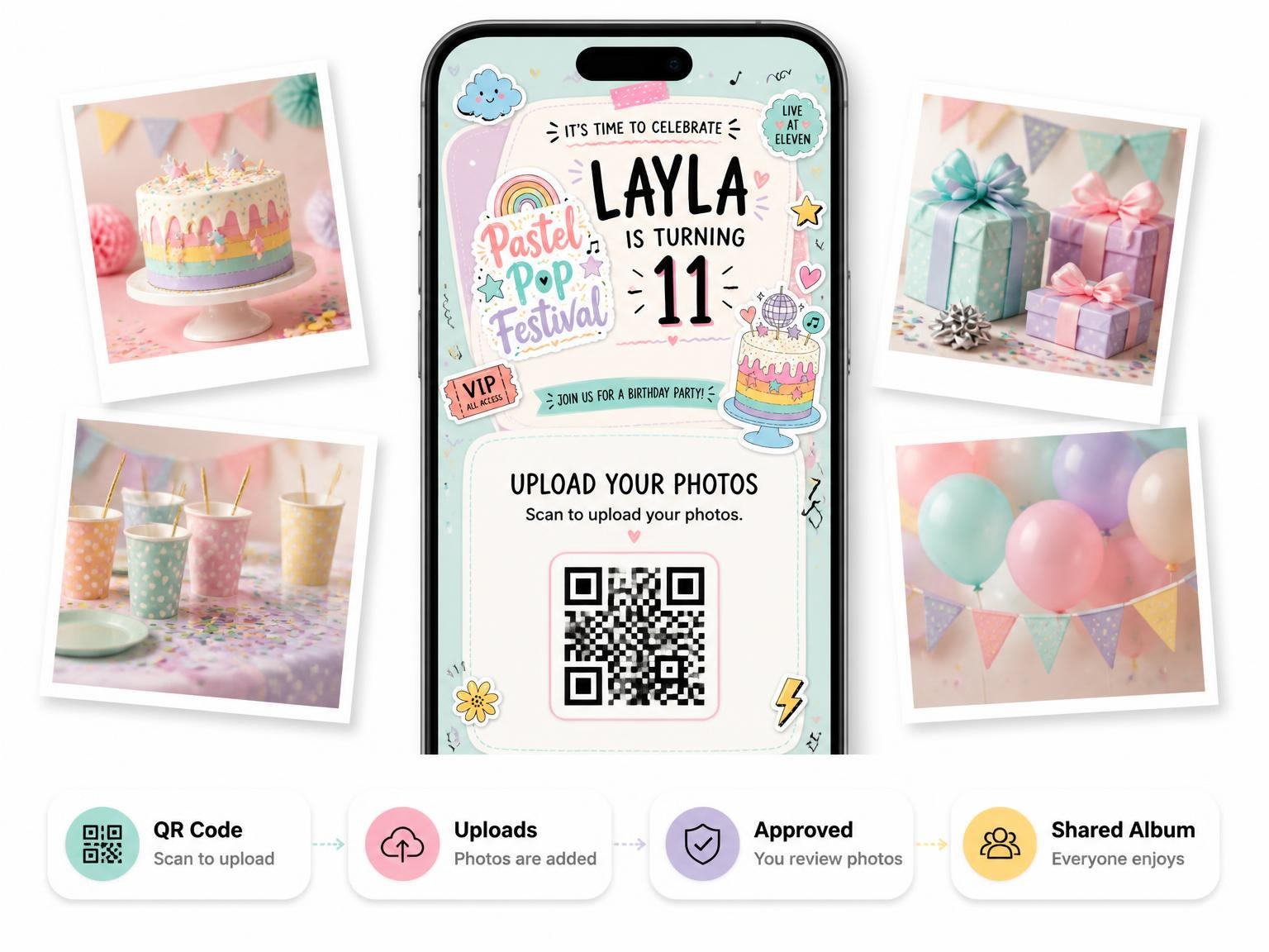The shared photo gallery that comes with the Rainbow Pastel 11th Birthday Invitation invitation